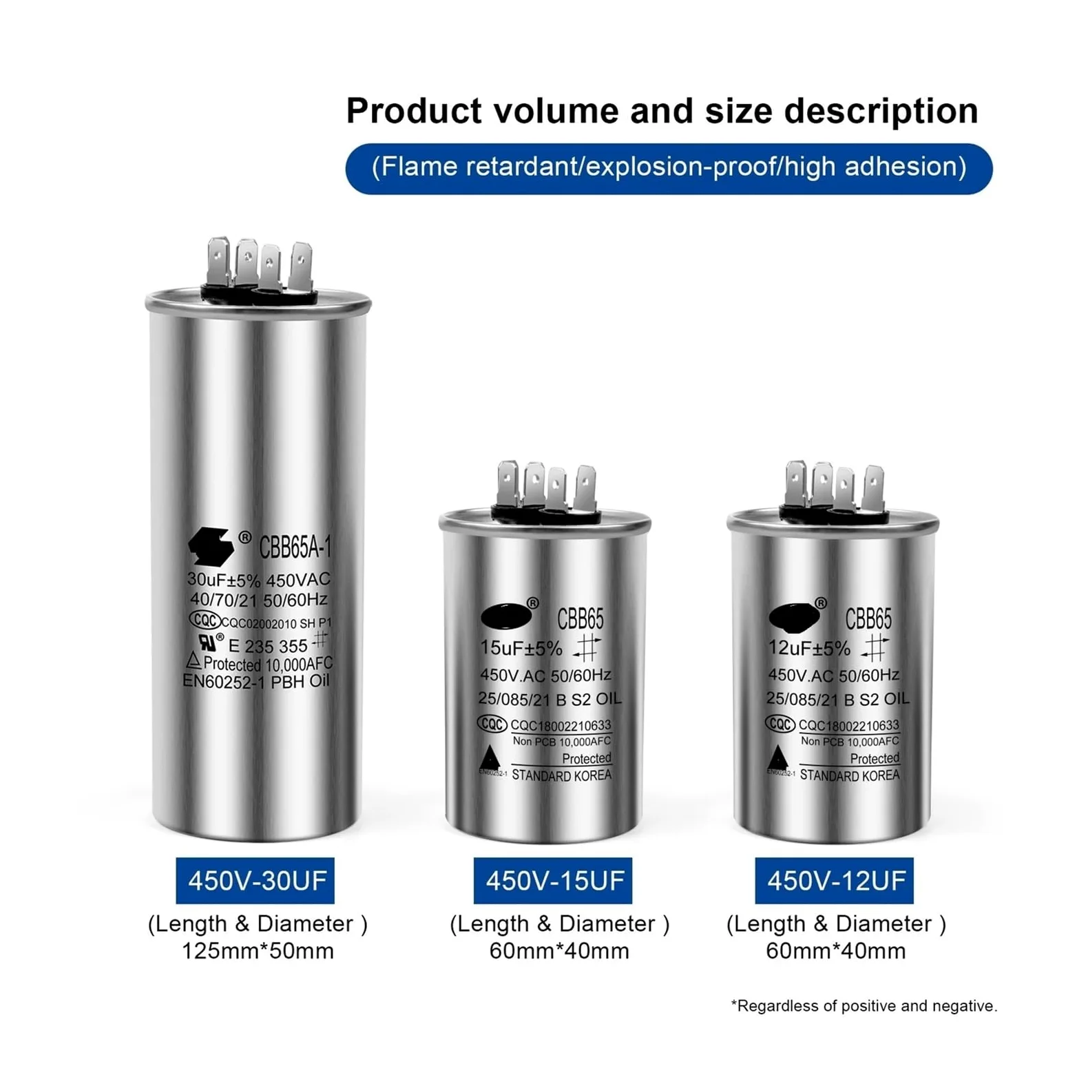 2 condensadores de Arranque de Motor CBB65 de 450 V CA, 5 UF, 6 UF, 15 UF, 20 UF, 25 UF, 30 UF, 35 UF, 40 UF, 45 UF y 50 UF.(90UF)