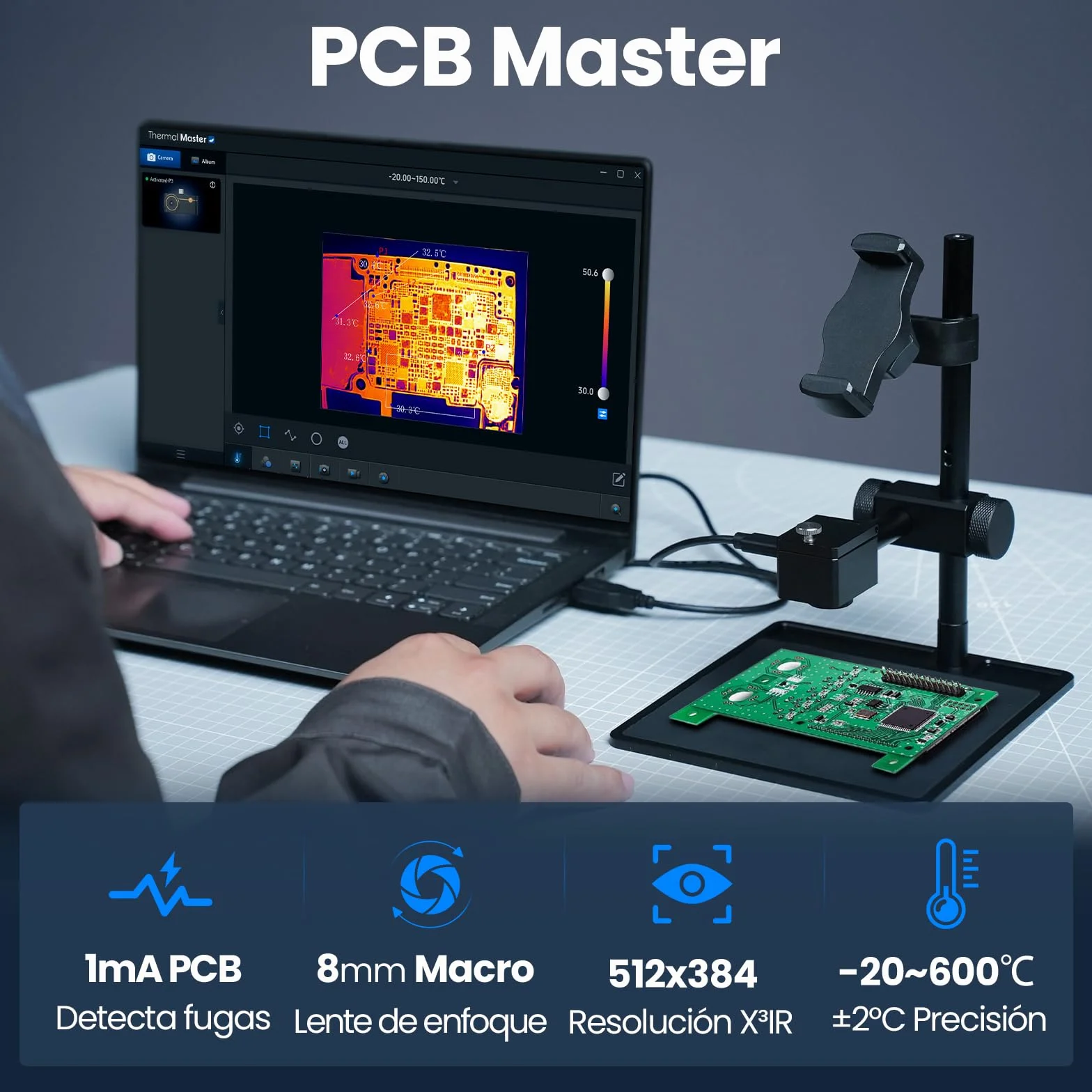 Cámara Termográfica P3 para iPhone y Android, Cámara Infrarroja, Lente Ajustable, Resolución Super IR 512 x 384, -20 ℃ – 600 ℃ Cámara Termográficas para Inspección PCB