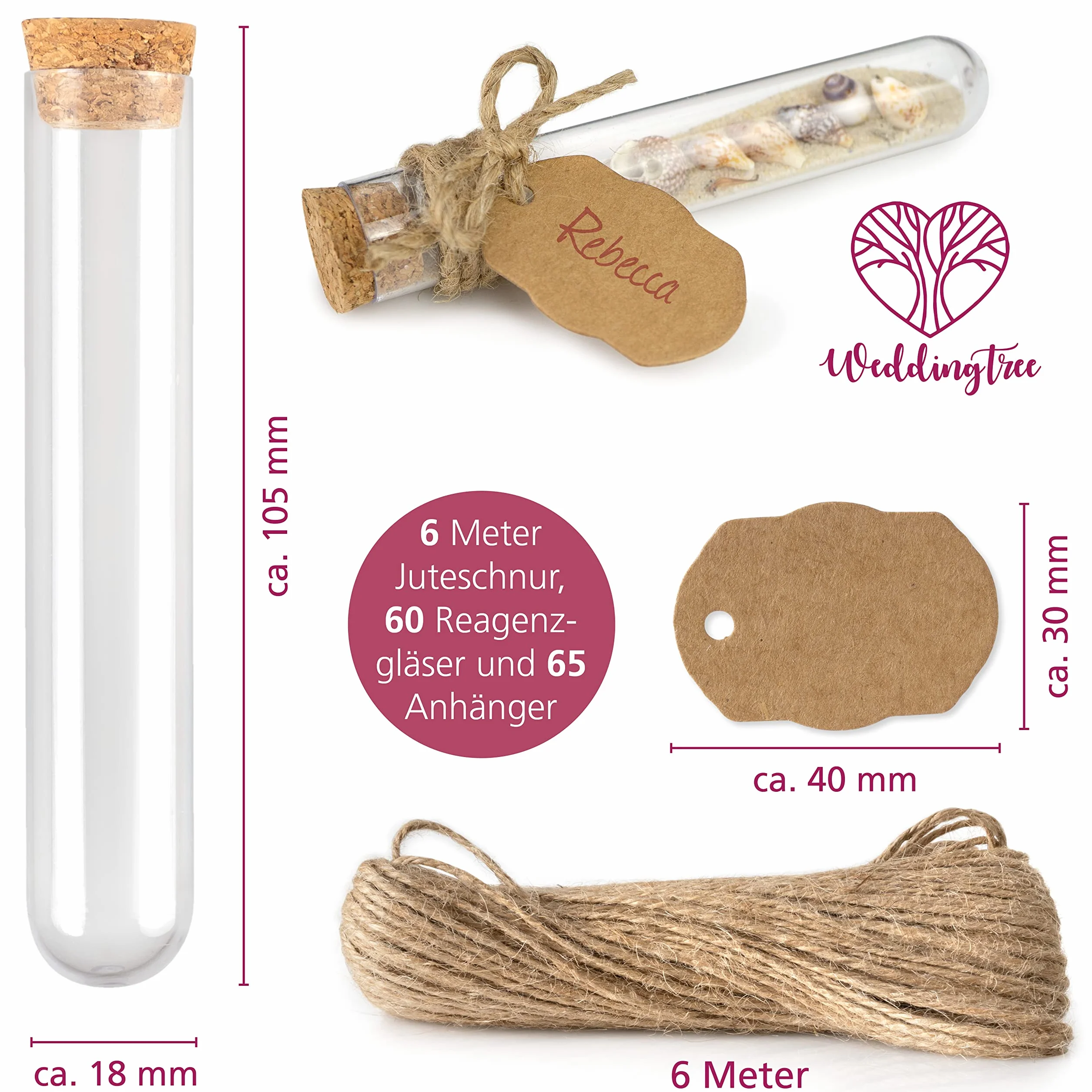 Tubos Ensayo Plastico 20 ml - Probetas para Bodas con Corcho, Cordón de Yute y Etiqueta