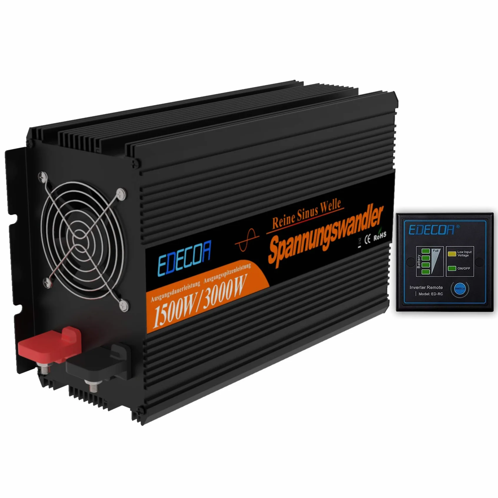 EDECOA Inversor 12v 220v Onda Pura 1500w con Mando a Distancia para Caravanas, Panel Solar Convetidor de 12v 230v Transformador de Corriente