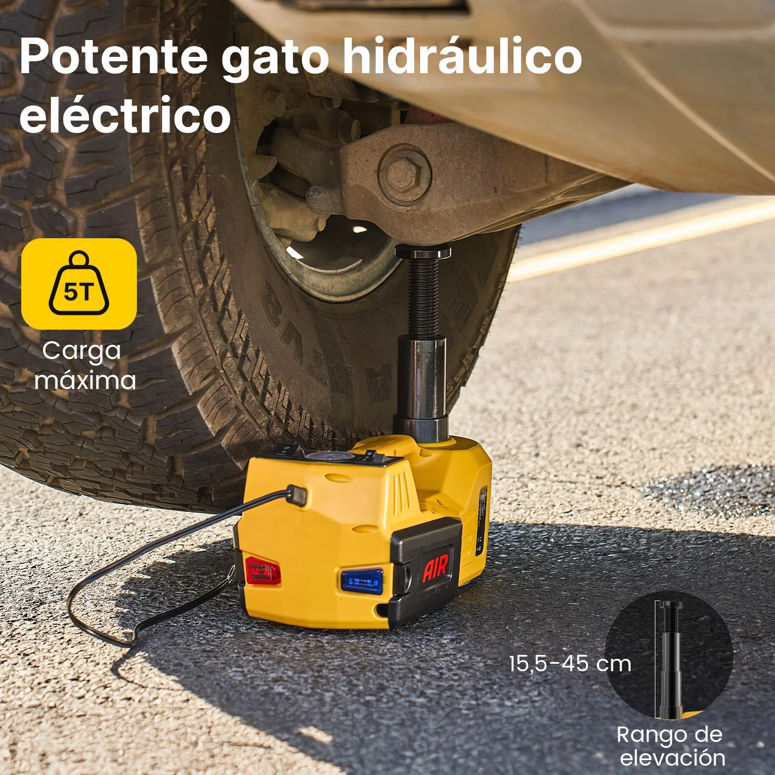 TaskStar Gato Hidráulico 5t 3t, 12V Kit de Gato Eléctrico para Coche (Alcance :15.5-45 cm) con Llave eléctrica e inflador, para Recogida de Coche Cambio de Neumáticos Reparación de Garaje