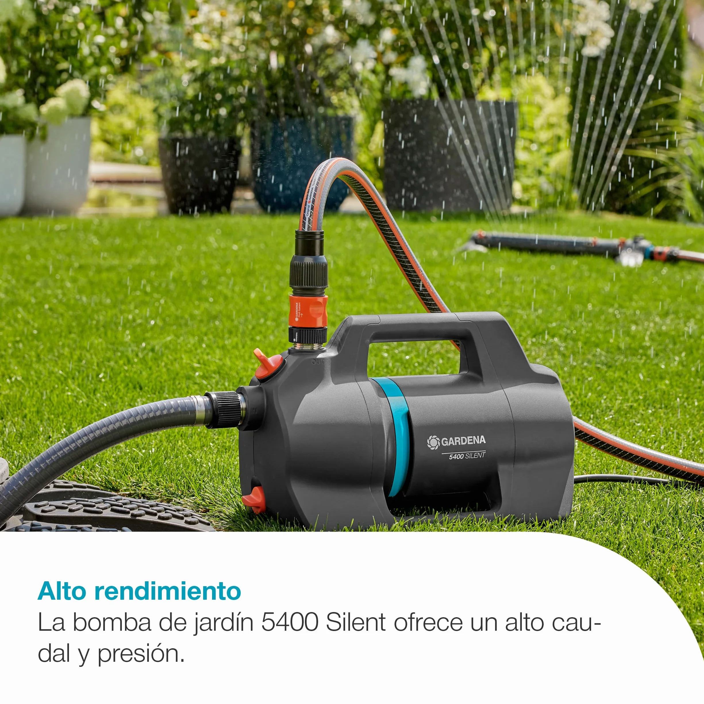 GARDENA Bomba de jardín 5400 Bombas silenciosas: 26% más caudal con el mismo consumo de energía que su predecesor, Operación de bajo ruido, carcasa resistente a la lluvia y a los rayos UV, (9086-20)