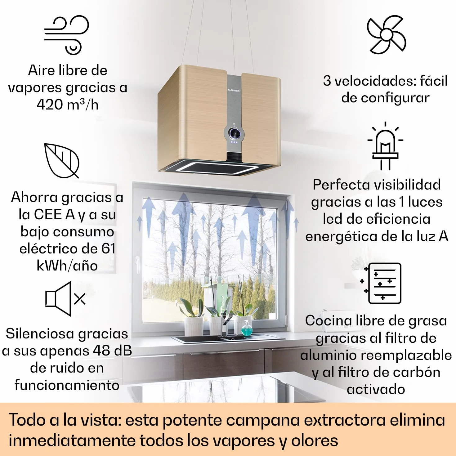 Klarstein Futurelight Smart Campana Extractora de Isla 420m³/h Acero Inoxidable Dorado