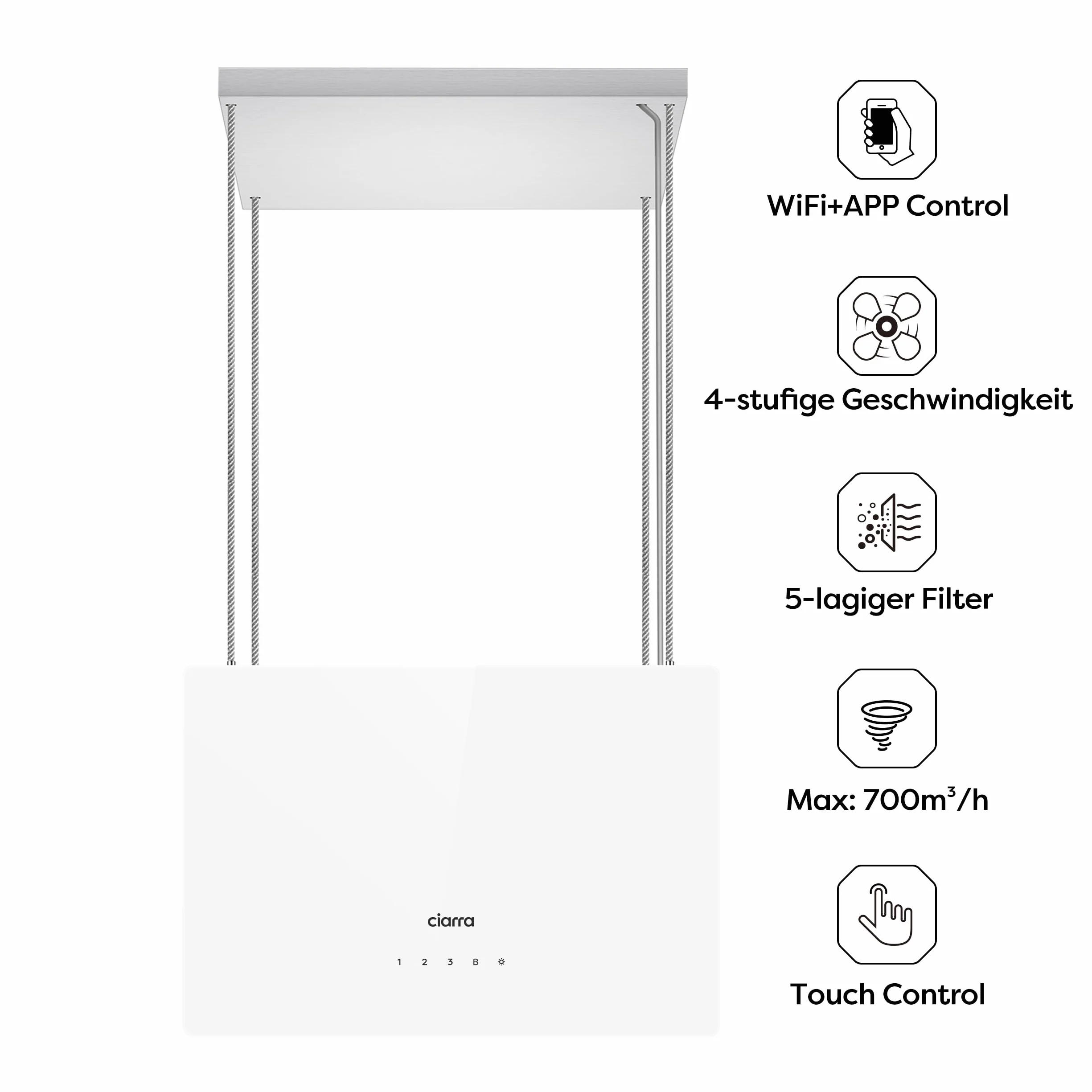 CIARRA CBCS4850 Campana Extractora Isla 48cm 700m³/h WiFi Control Táctil Clase A+++ Blanco