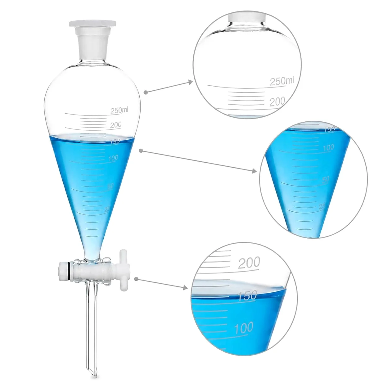 Embudo Decantación Vidrio Borosilicato Llave PTFE Matraz Graduado-1000mL 24/29
