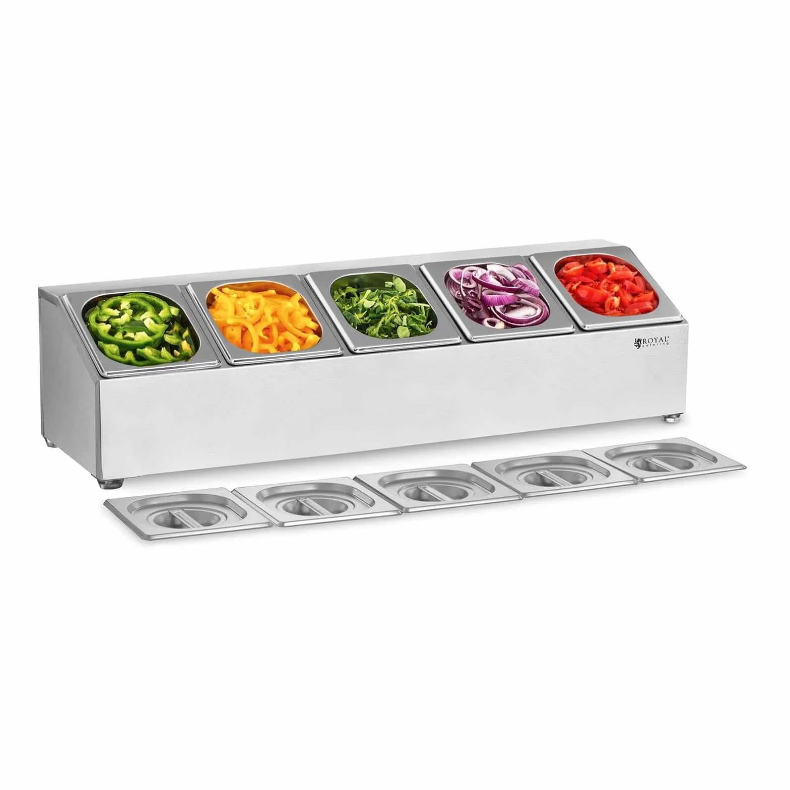 Royal Catering Soporte Para Cubetas RCPN 5 (Acero inoxidable, Componentes extraíbles aptos para lavavajillas, Incluye 5 envases GN 1/6, Con 5 tapaderas)