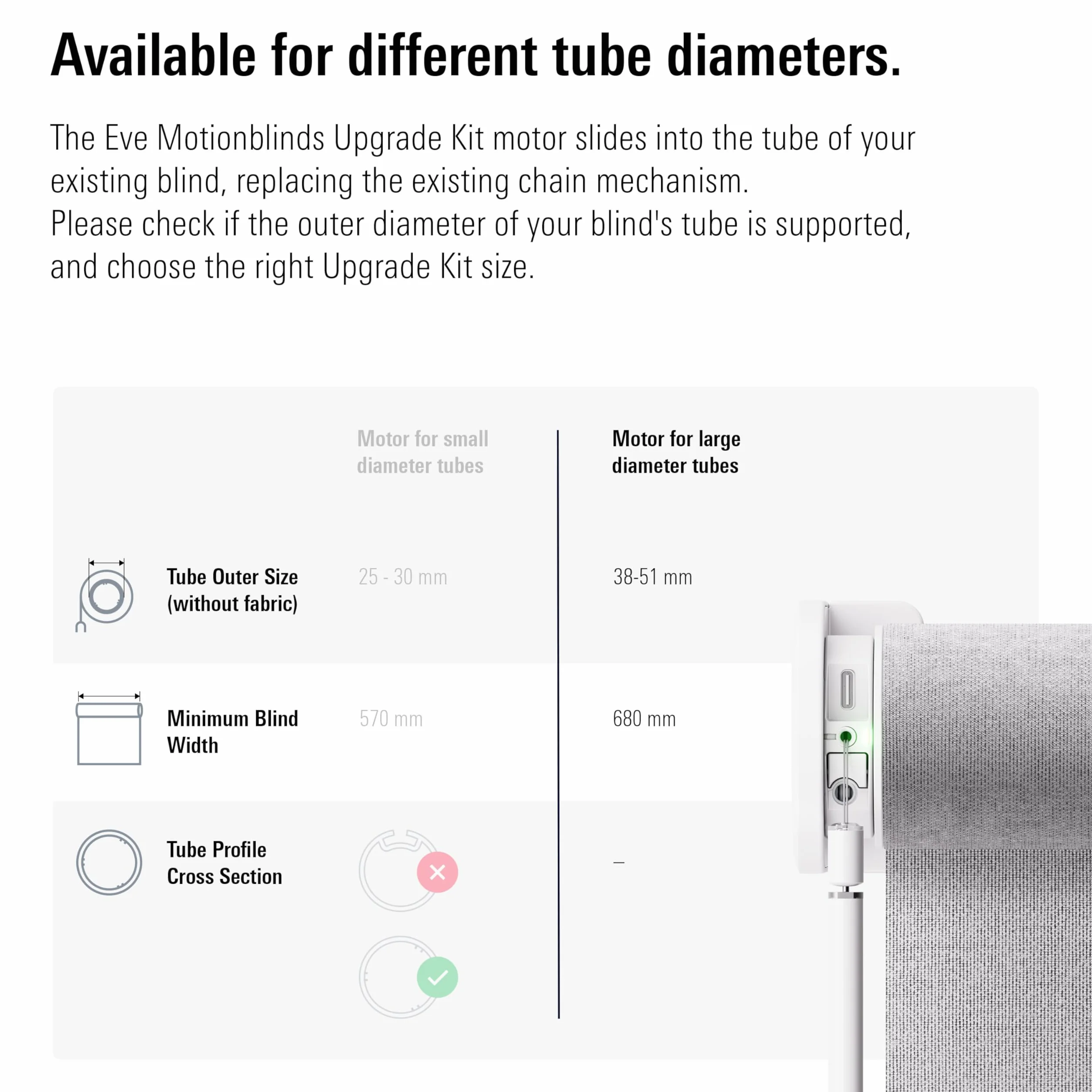 Eve Motionblinds Kit de modernización para estores enrollables (Matter) - Motor para Tubos de diámetro Grande; actualiza Tus estores;req. Router de Borde Thread;Control por Voz/App/automatizado