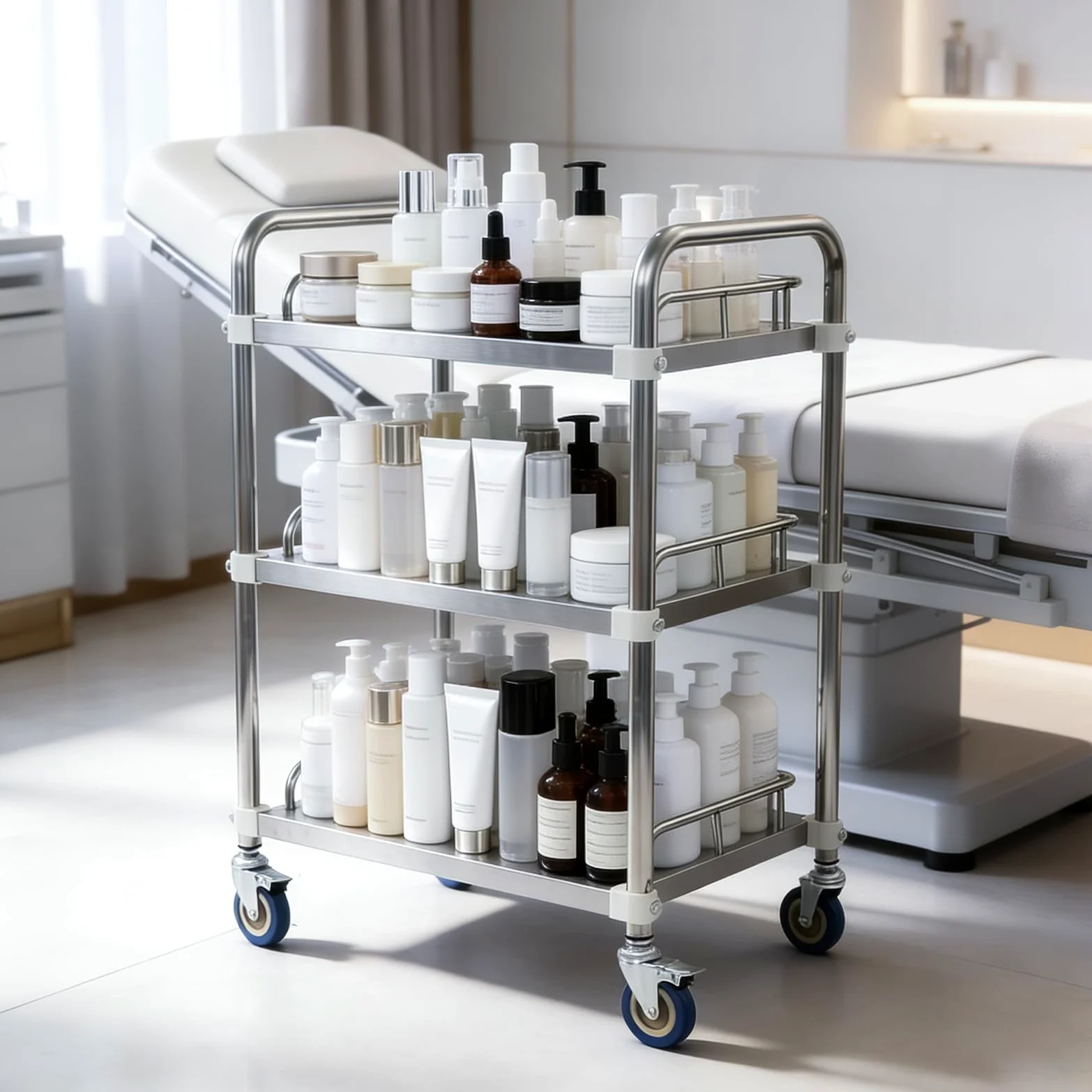 Carro de acero inoxidable para servicio de laboratorio, 3 estantes, carro de servicio de laboratorio, carrito de té, carrito de cocina de acero inoxidable con 4 ruedas giratorias, 2 frenos