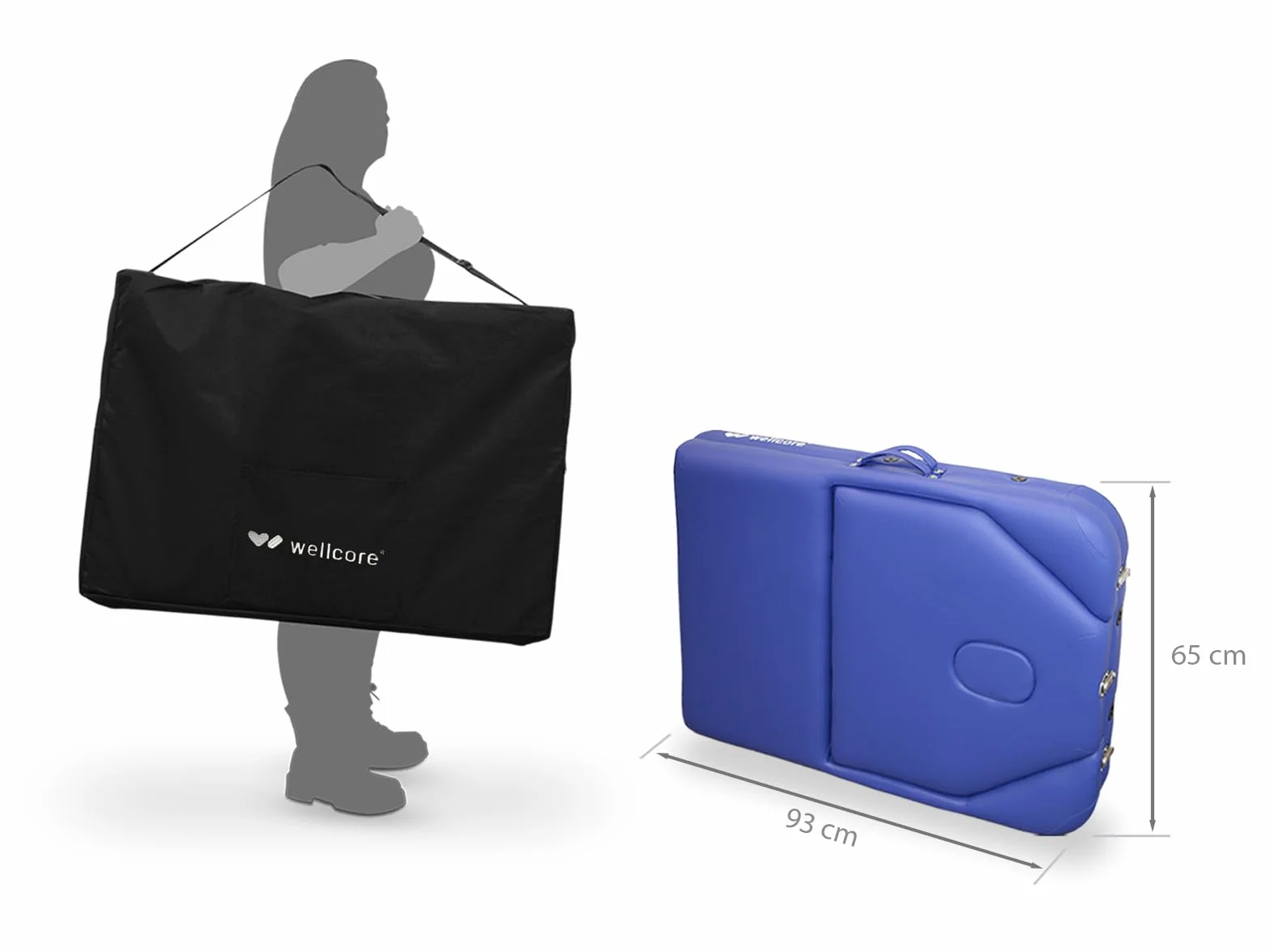 QUIRUMED WELLCORE Camilla Plegable de Aluminio, Respaldo abatible, 185 x 65 cm, Polipiel, Altura Regulable, Cabezal articulado, Agujero Facial, Negro, Mochila de Transporte, hasta 225 kg