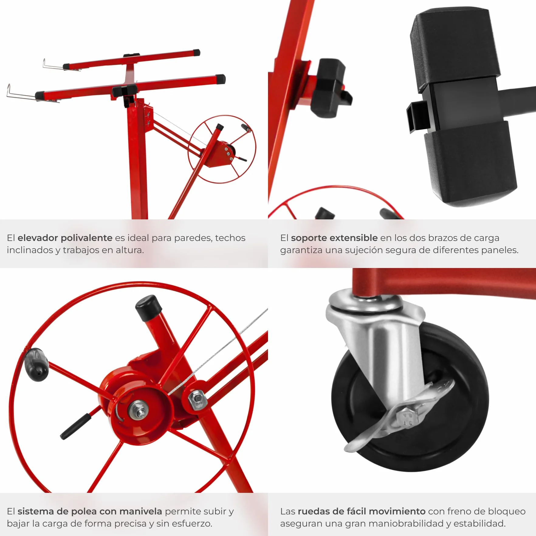 TecTake® Elevador Placas de Yeso, Pladur Profesional, Herramientas para Pladur, Plataforma Elevadora, Maquina de Pladur, Caballete Extensible, Planchas de Pladur, Carga 68 kg - Rojo