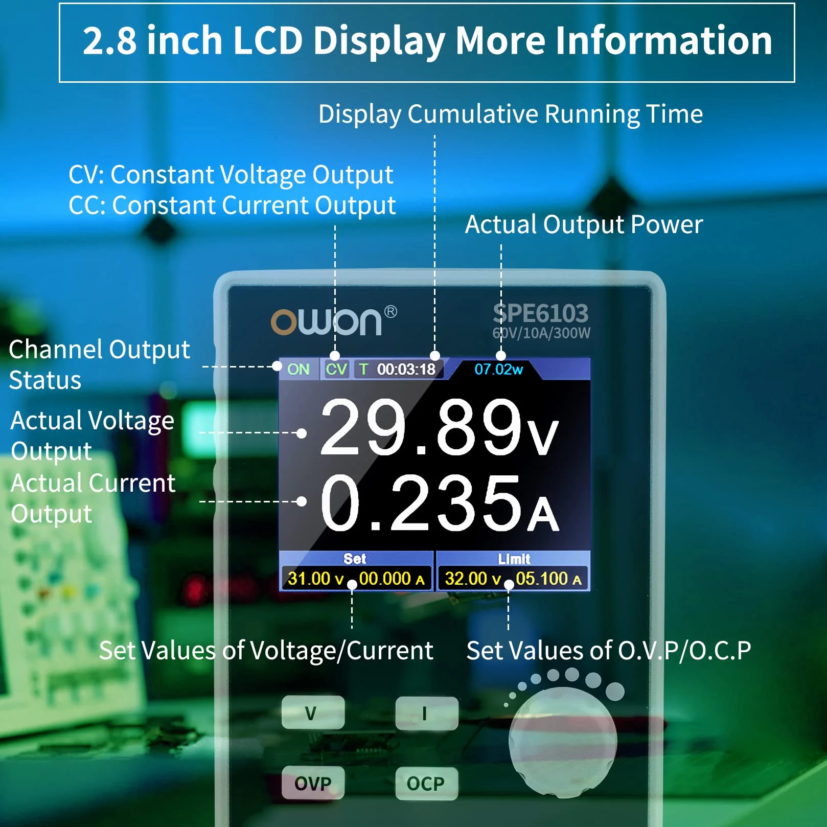 OWON SPE6103 Fuente de alimentación de laboratorio programable (0-60 V 0-10 A), fuente de alimentación de CC de 300 W, pantalla LCD de 2,8 pulgadas, software de PC de salida de canal único y carga USB