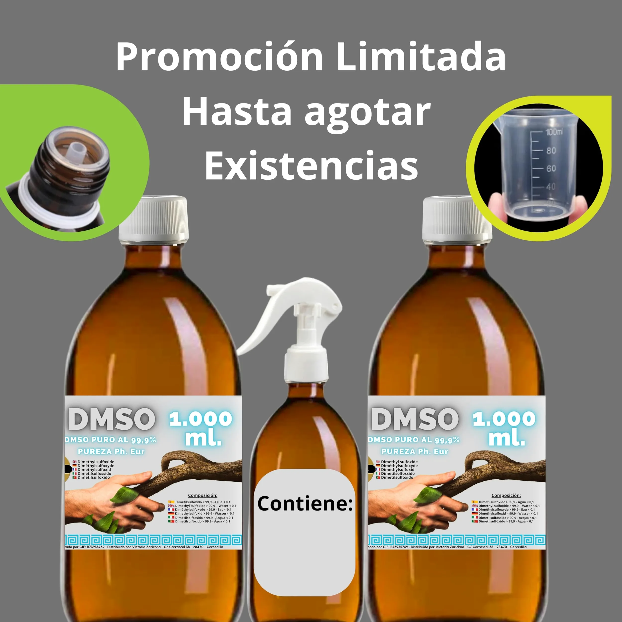 DMSO Dimetilsulfóxido 99,9% Pureza | Pack 2 x 1000 ml | Máxima Pureza | Frascos Ámbar de Laboratorio con Precinto de Seguridad | Incluye Accesorios de Dosificación
