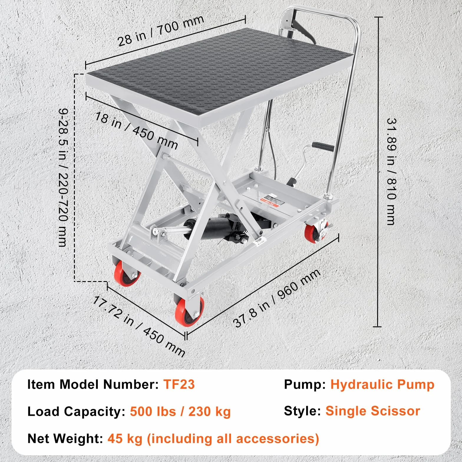 VEVOR Carro Hidráulico de Mesa Elevadora Capacidad de Carga de 230 kg Elevador Manual de Tijera Simple Altura de Elevación de 720 mm 4 Ruedas Cojín Antideslizante para Manipulación Transporte, Gris