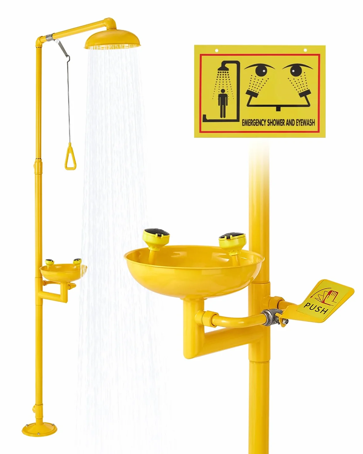 VEVOR Estación Lavaojos de Emergencia, Estación Lavaojos con Ducha de Emergencia 87 x 40 x 233 cm Diámetro del Lavabo para Lavado de Ojos de 27 cm para Escuelas, Laboratorios y Fábricas, Amarillo
