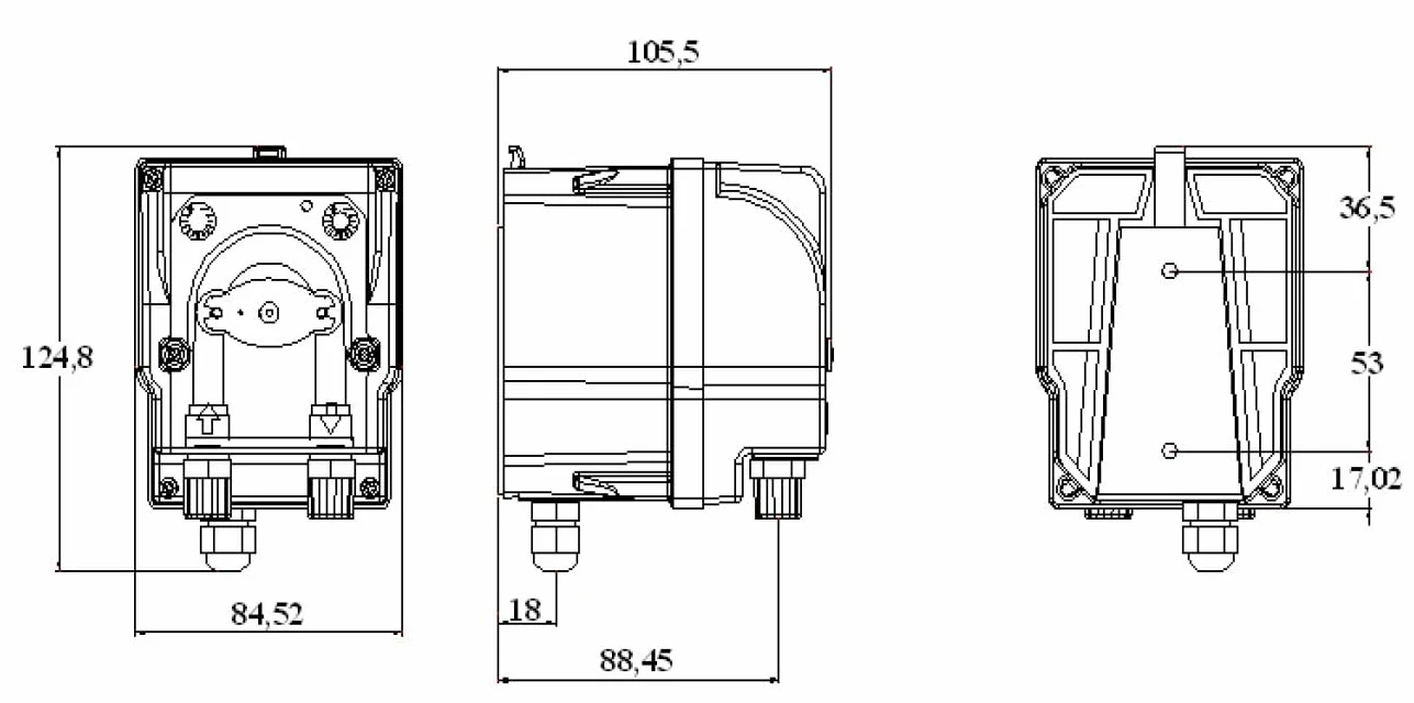 Bomba dosificadora peristáltica con caudal fijo para dosificación de líquidos modelo MP2-B 2 l/h 1 bar. 230 V, 50 Hz. Tubo membrana Teknoprene