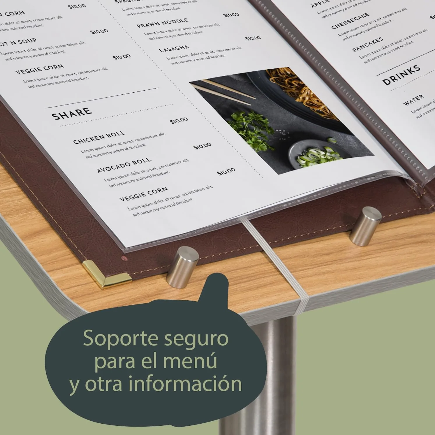 SECURIT - Porta Folleto con Poste y Base - Acero Inoxidable + Panel de Madera Laminada - Bandas Elásticas y Soportes Integrados - Restaurante, Cafetería, Bar - 113,7 x 54,2 x 36,7 cm