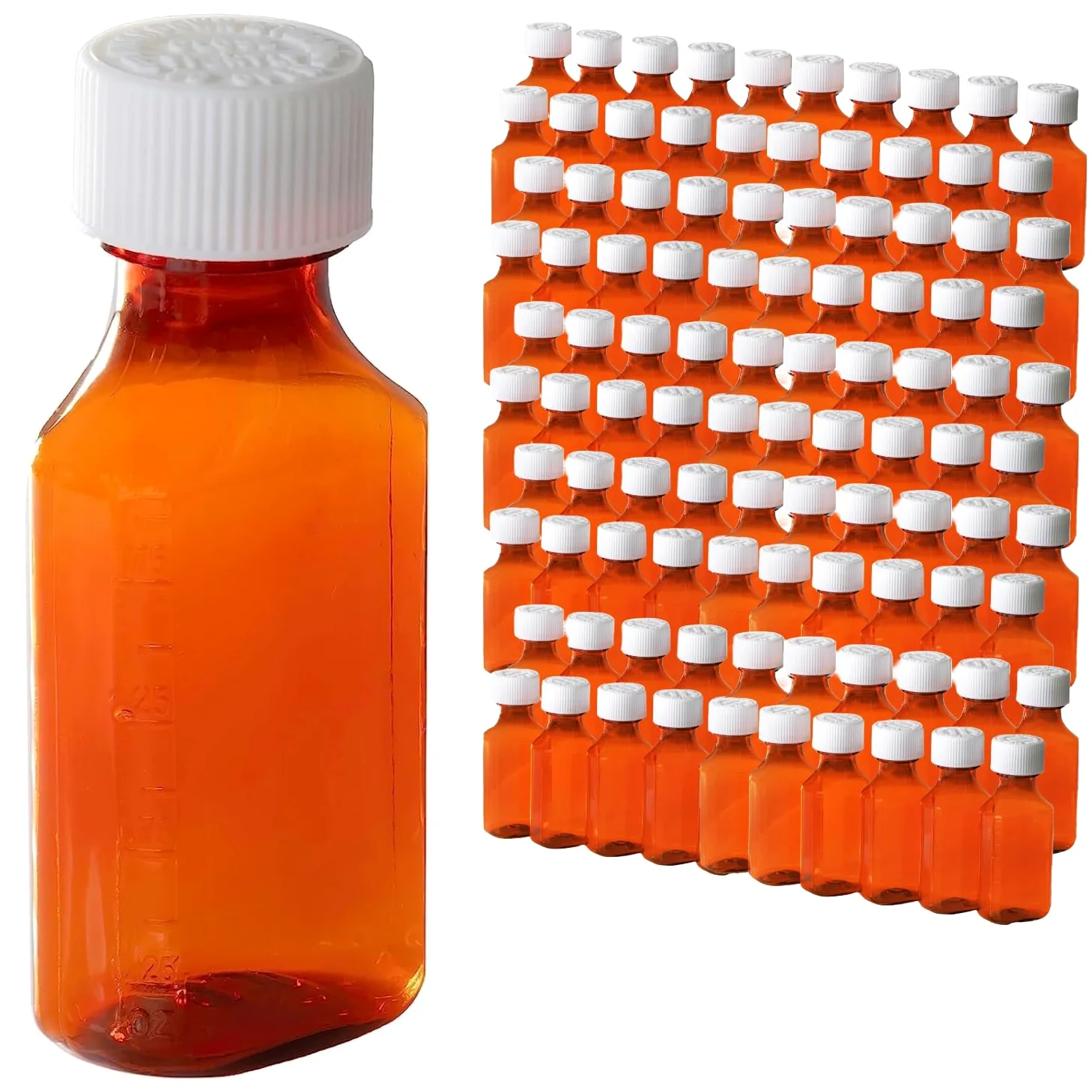 Botellas vacías de plástico ámbar para medicamentos líquidos con tapas resistentes a los niños, caja de 100 botellas dispensadoras ovaladas de medicamentos farmacéuticos con tapas de seguridad,