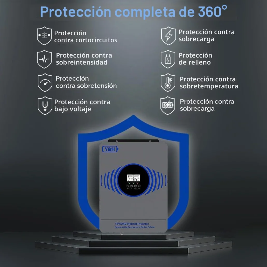 Y&H Inversor solar híbrido de 4200W con dos voltajes de batería 12V 24V integrado MPPT 100A cargador solar máximo potencia PV 4000W entrada con BMS WLAN comunicación independiente de la red