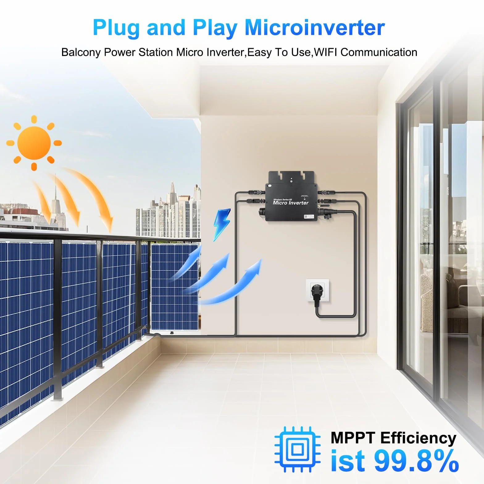 Microinversor 800W Inversor Solar fotovoltaico con WiFi y Bluetooth,Entrada DC 20-60 V,Plug & Play inversor Solar Inteligente para Sistemas solares en Balcones