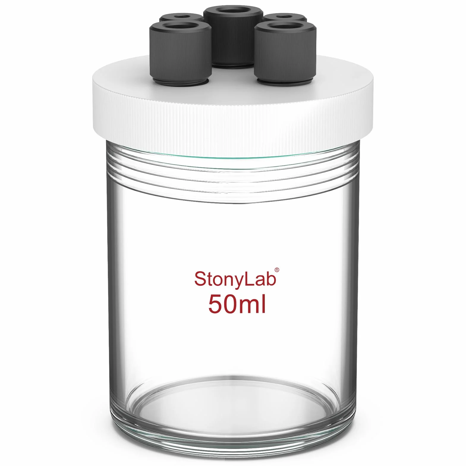 stonylab Celda Electrolítica de Cámara Unica, Vidrio Borosilicato, Kit Reactor Electrolizador con Tapa PTFE 5 Orificios, sin Electrodo, 50 ml
