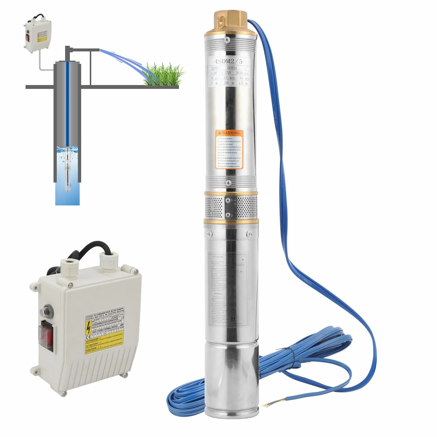 Bomba de pozo profundo 750 W, 4000 l/h, 875 mm, bomba de agua de acero inoxidable, presión 6,7 bar, altura máxima de extracción 67 m, máx. 35 °C