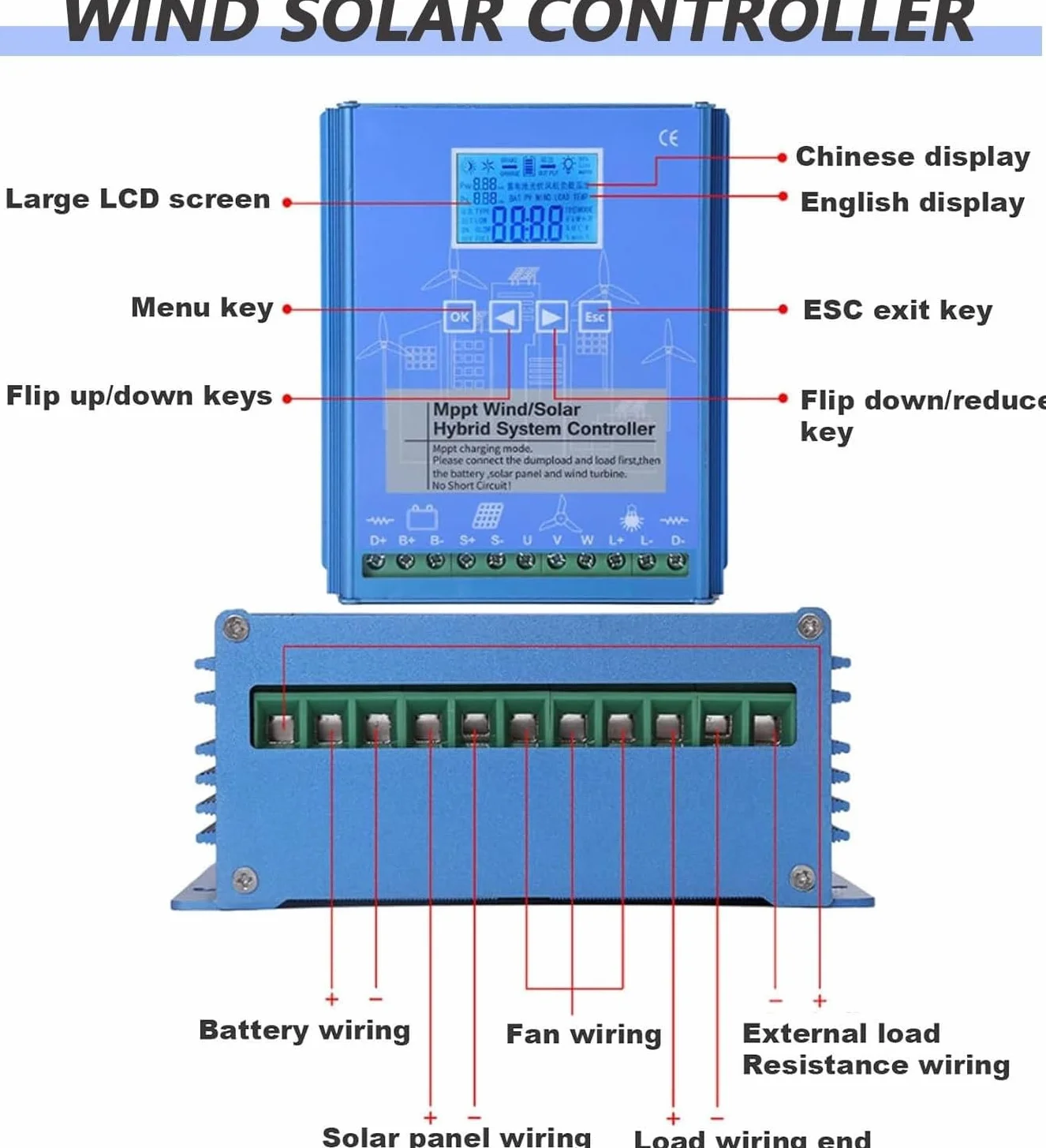 Controlador de carga híbrido Solar eólico de 6000W-12000W, regulador de carga MPPT de 12V, 24V y 48V con pantalla LCD y carga de descarga(12000W,48V)