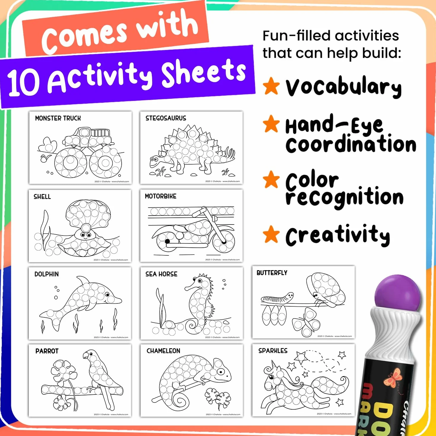 Chalkola 8 Rotuladores de Punto Lavables para Niños Pequeños – No Tóxicos, Sellos de Bingo, Marcadores de Punto con Libro de Actividades