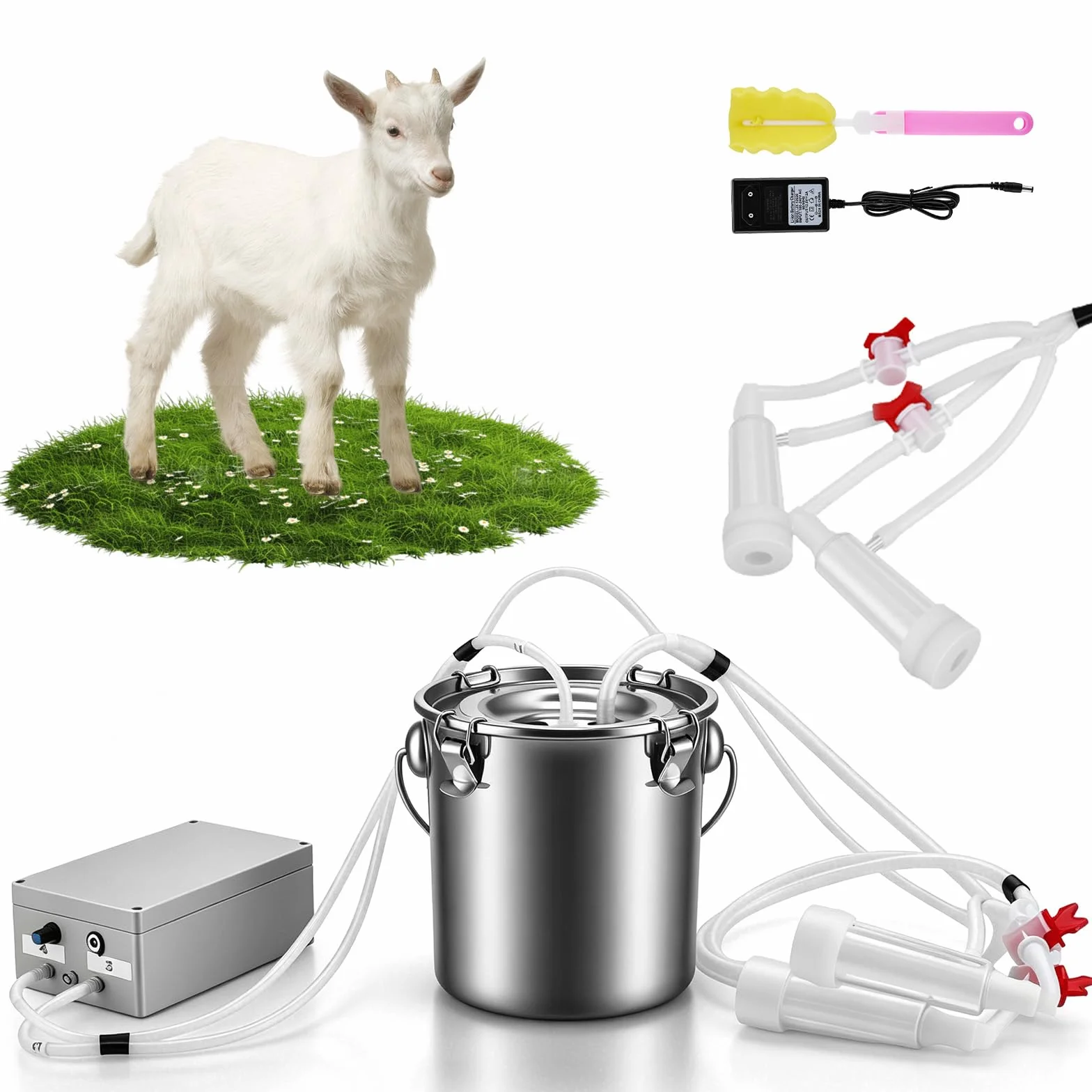 Máquina eléctrica para ordeñar cabras de 5 litros, velocidad ajustable, bomba de vacío ordeñador, depósito de barril de cubo, ordeñador de cabras biónico portátil con parada automática, pulso de