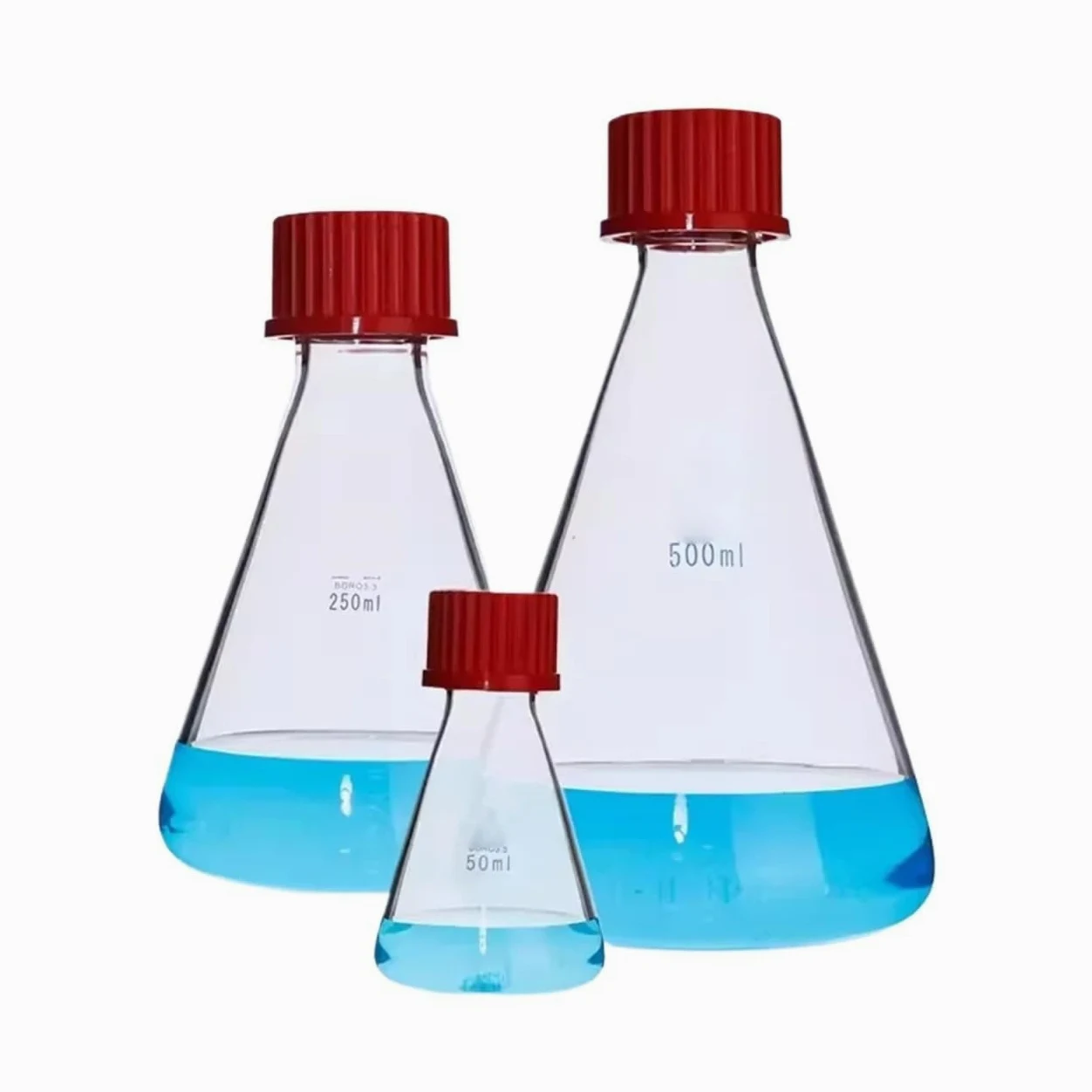 Matraz aforado de borosilicato, 2 matraces cónicos de Vidrio con Tapa de Rosca, Erlenmeyer, Botella de reactivo, Botella Transparente con Tapa de Seda, 50/100/150/250/500/1000 ml(250ml)