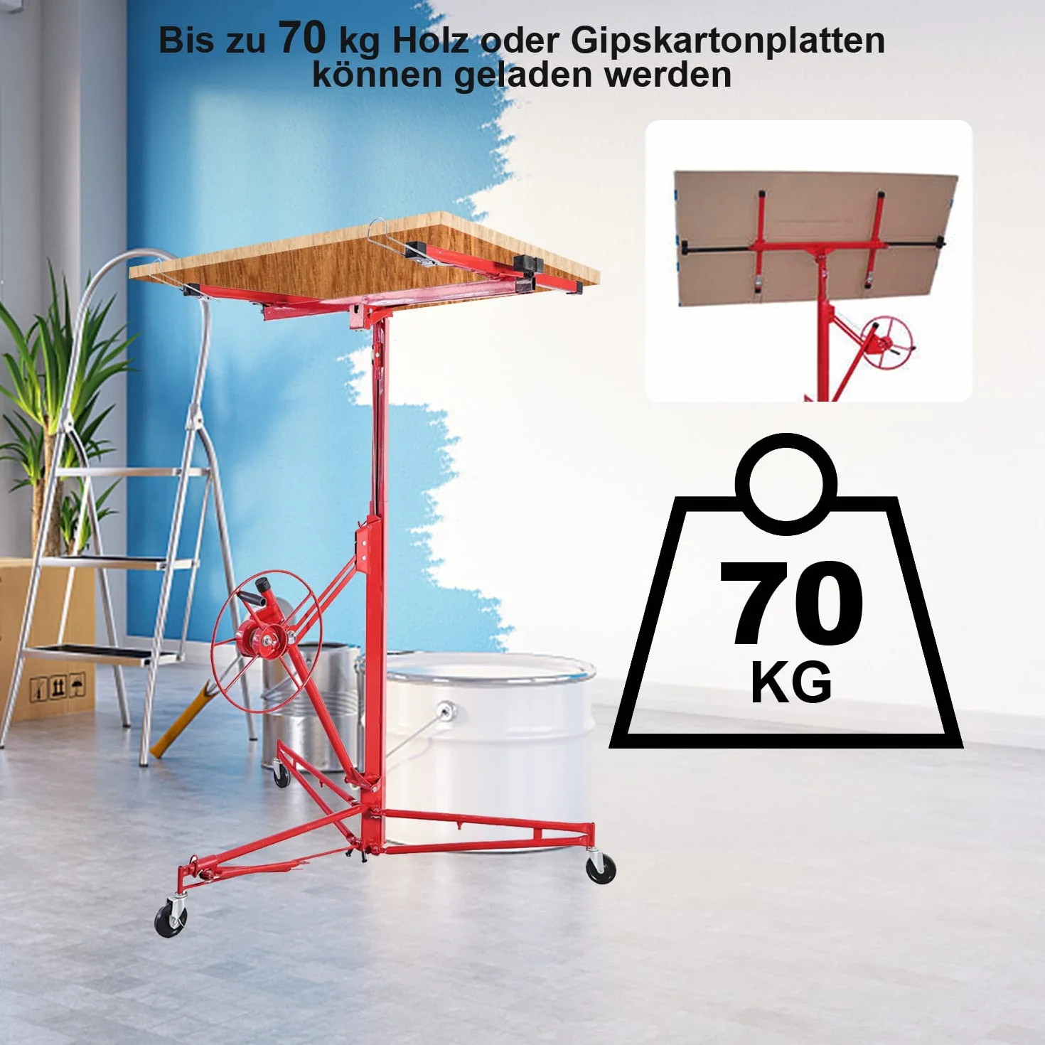 Herrselsam - Elevador de placas plegable XXL, 140 cm-350 cm de altura de trabajo, ajustable en altura, 68 kg de carga máxima, 290 cm de brazo de carga para placas de yeso
