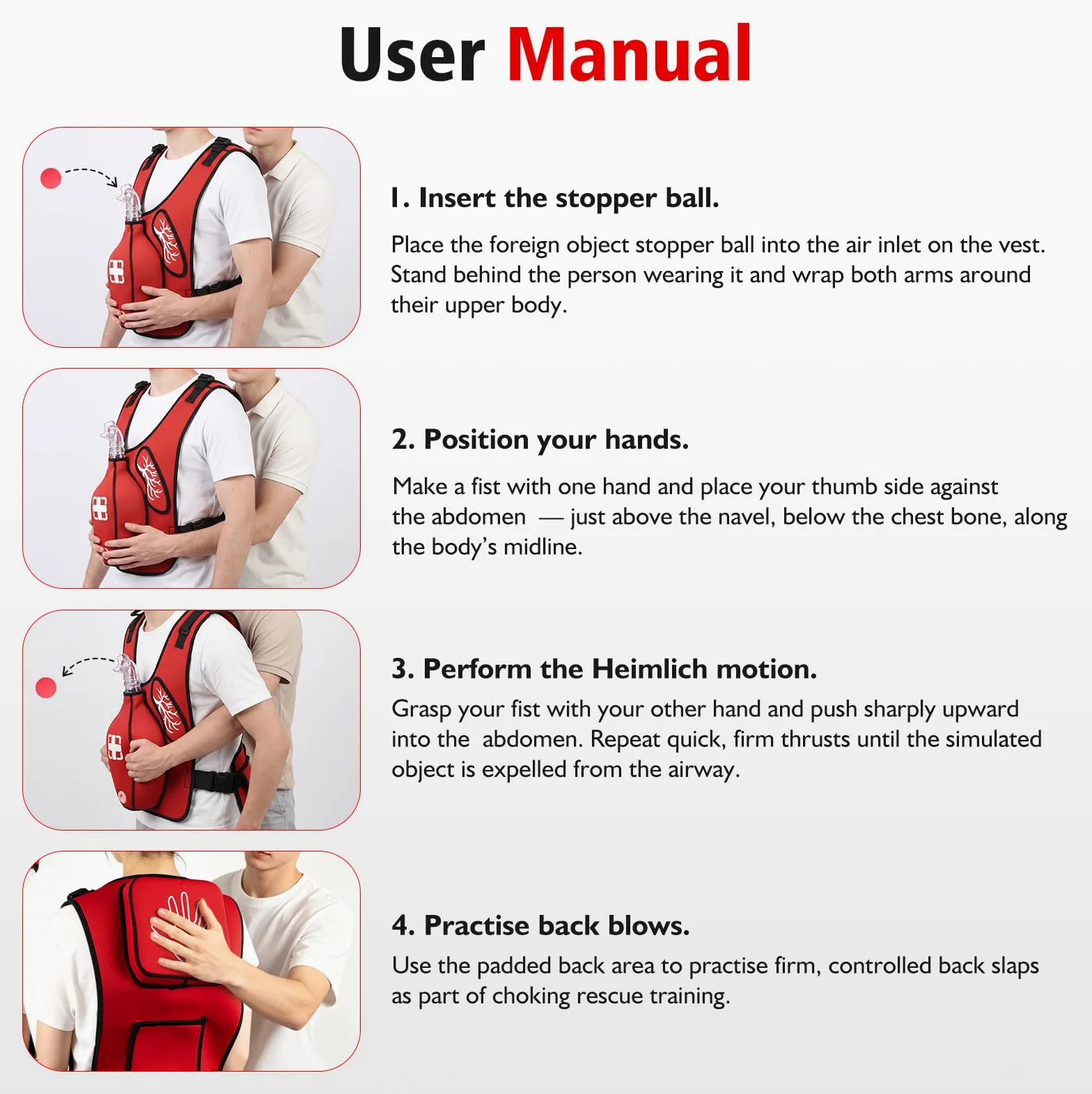 Heimlich - Chaleco de entrenamiento de maniobra para adultos, RCP, simulación de obstrucción de las vías respiratorias, correas de hombro ajustables y cinturón de cintura, entrenador de rescate de
