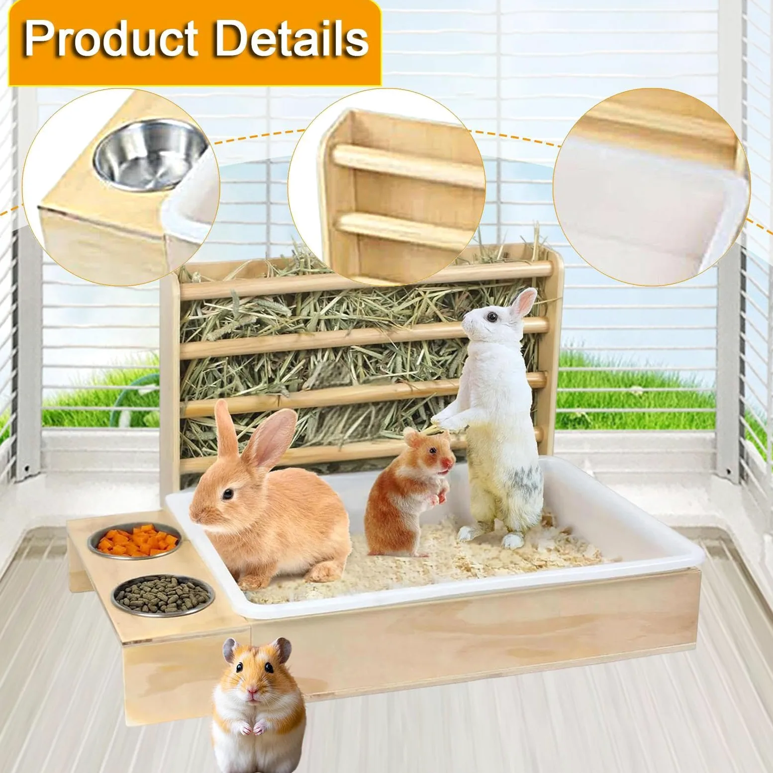 Comedero Exterior de para Conejos con Caja de Arena para Hámsters, Conejos Y Animales Pequeños
