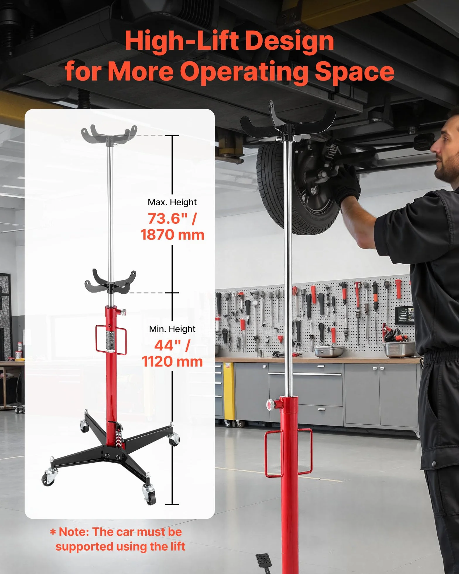 VEVOR Gato Hidráulico para Coche, con Capacidad de Elevación 500 kg, con Pedal, Rueda Giratoria 360°, Altura de Elevación 112-187 cm, para Taller/Garaje, Rojo y Negro, 640 x 575 x 1140–1890 mm
