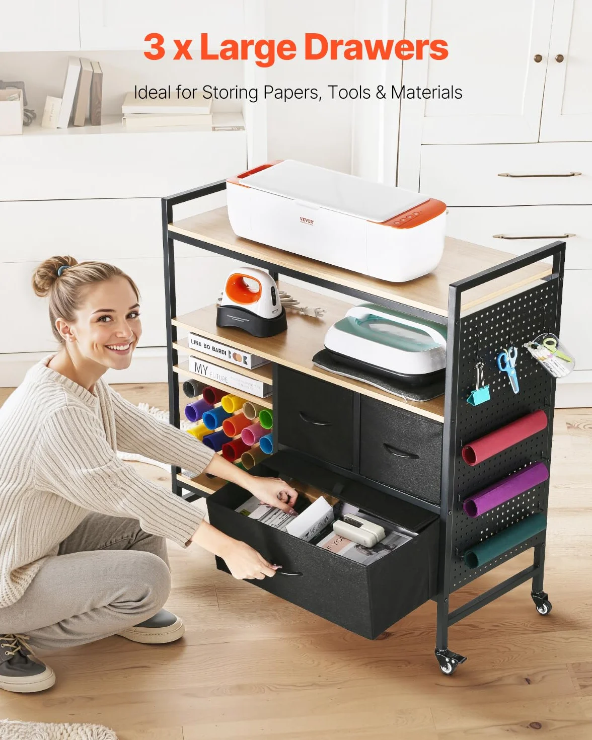 VEVOR Carrito de Manualidades con Ruedas y Mesa de Almacenamiento, Mesa Cricut Plegable con Lados Plegables, 20 Soportes para Rollos de Vinilo y 3 Cajones, Compatible con Máquinas Cricut, Negro