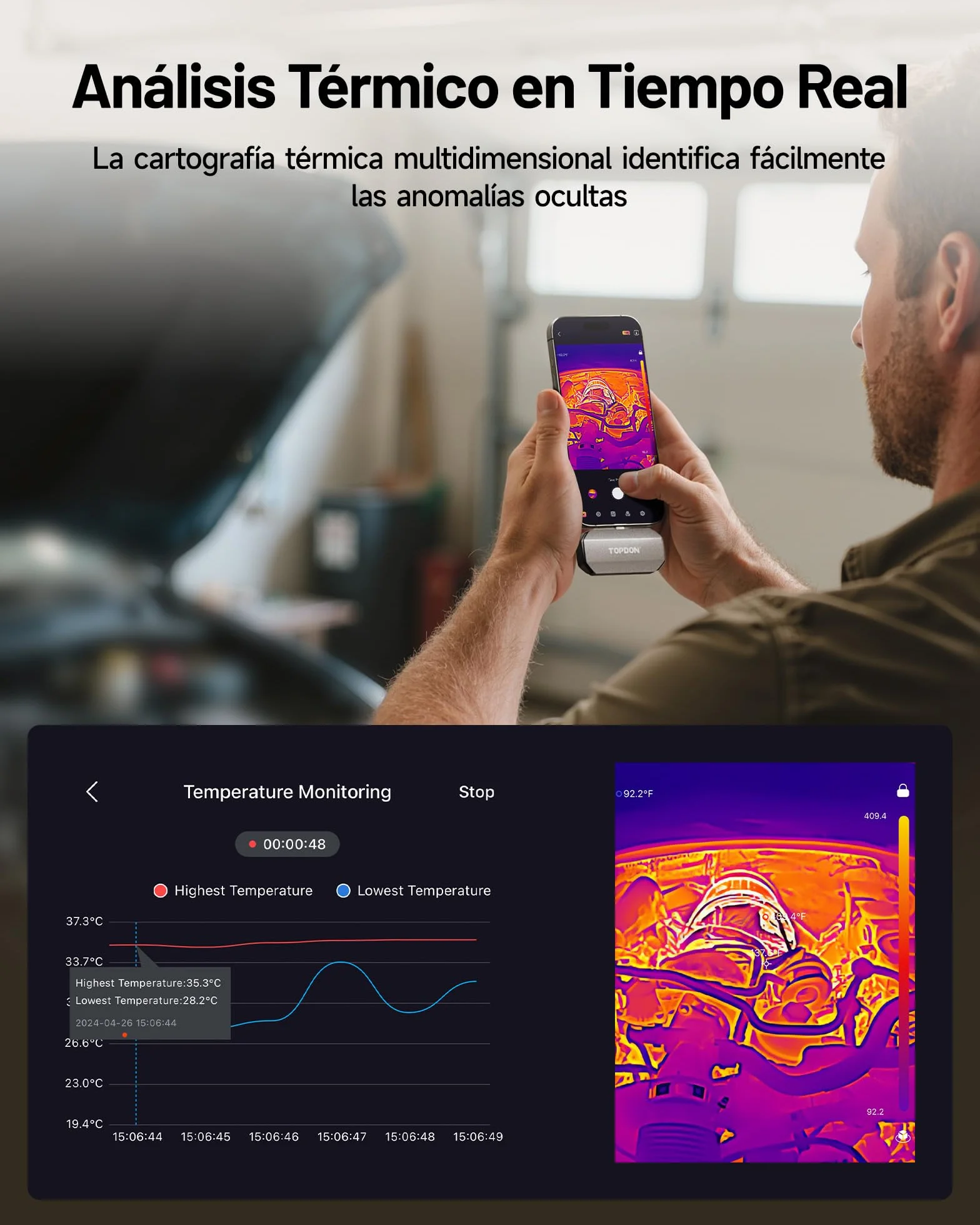 TOPDON TC002C Duo Cámara Térmica para Android e iPhone, 512x384 TISR Alta Resolución, Cámara Termográfica con USB-C, de -20℃ a 550℃, 0.1℃ Precisión, 25Hz, Captura de Fotos y Vídeos