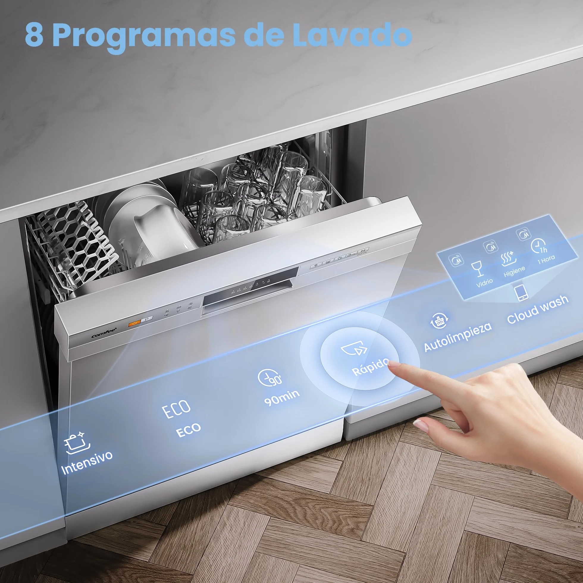 COMFEE' CDWPF1201PW-WE-EU Lavavajillas Libre Instalación 60cm 12 Cubiertos 8 Programas 70°C Lavado Higiénico WiFi IOT Cloud Wash Blanco