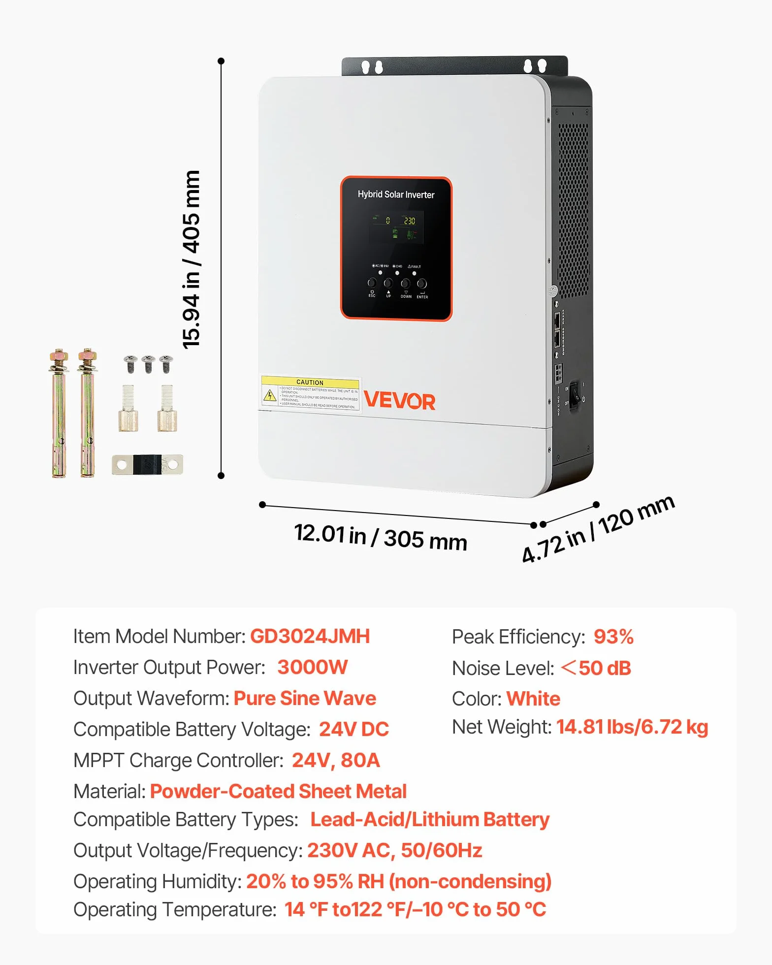 VEVOR Inversor Solar Híbrido de 3000 W, Onda Sinusoidal Pura, Controlador de Carga Solar MPPT Integrado de 80 A, Compatible con Baterías de Plomo-Ácido de Litio, Nivel de Ruido < 50 dB, Blanco