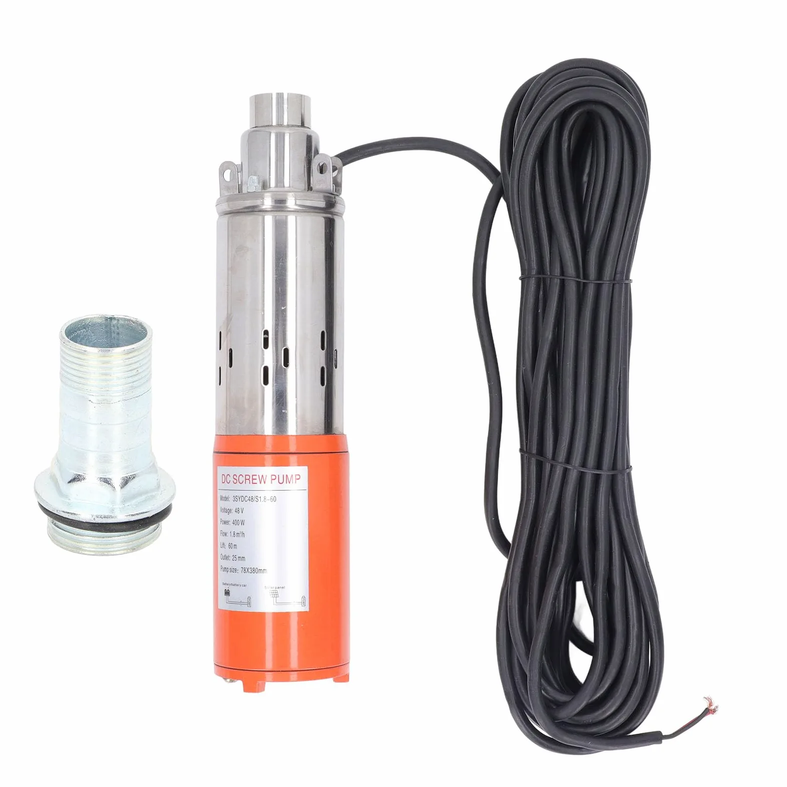 Bomba de Pozo Sumergible Solar, Bomba de Agua de Acero Inoxidable de 400 W CC 48 V, Solar de Pozo Profundo con Elevación de 1,8 M³/h 65 M Salida de 25 Mm Motor de Cobre para Riego Agrícola