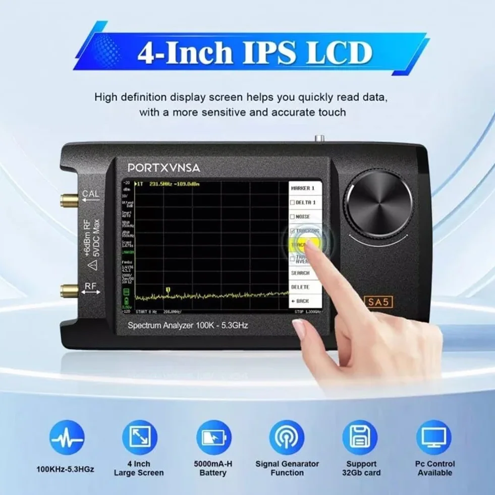SA5 Handheld para analizador de espectro 100kHz-5.3GHz con calibración de modo estupendo hasta 5.3GHz Pantalla LCD IPS de 4 pulgadas para ingenieros de RF (sin tarjeta de memoria)