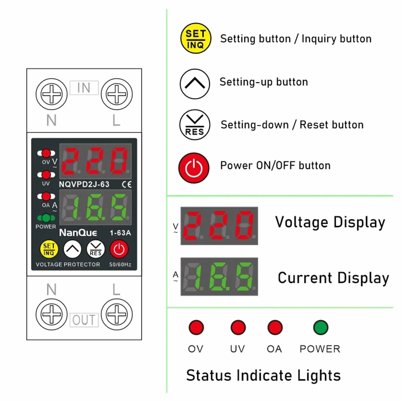 Protector de voltaje Ajustable AC110V 220V 50/60Hz Protector de corriente ajustable de recuperación automática medidor de corriente de voltaje 1-63A(220V-240V)