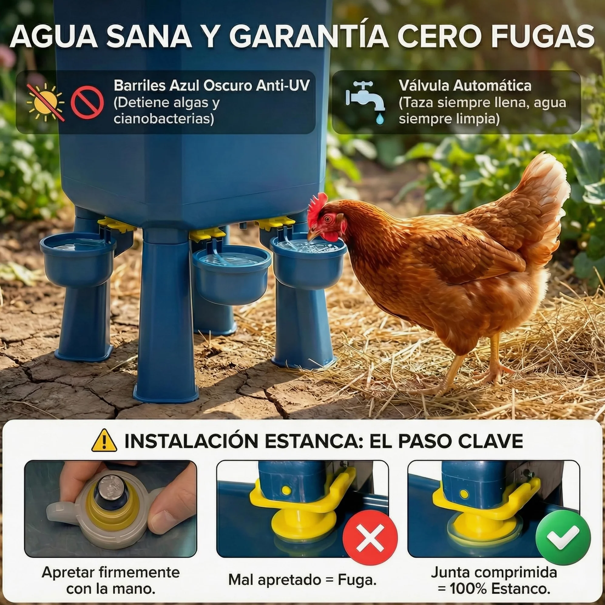 Kit Comedero y Bebedero para Gallinas 8KG/7L – Antiparasitario, Válvula Automática, Anti-Cianobacterias, Ideal para Microgranjas y Criadores Aficionados, Autonomía Prolongada, Reduce Recargas