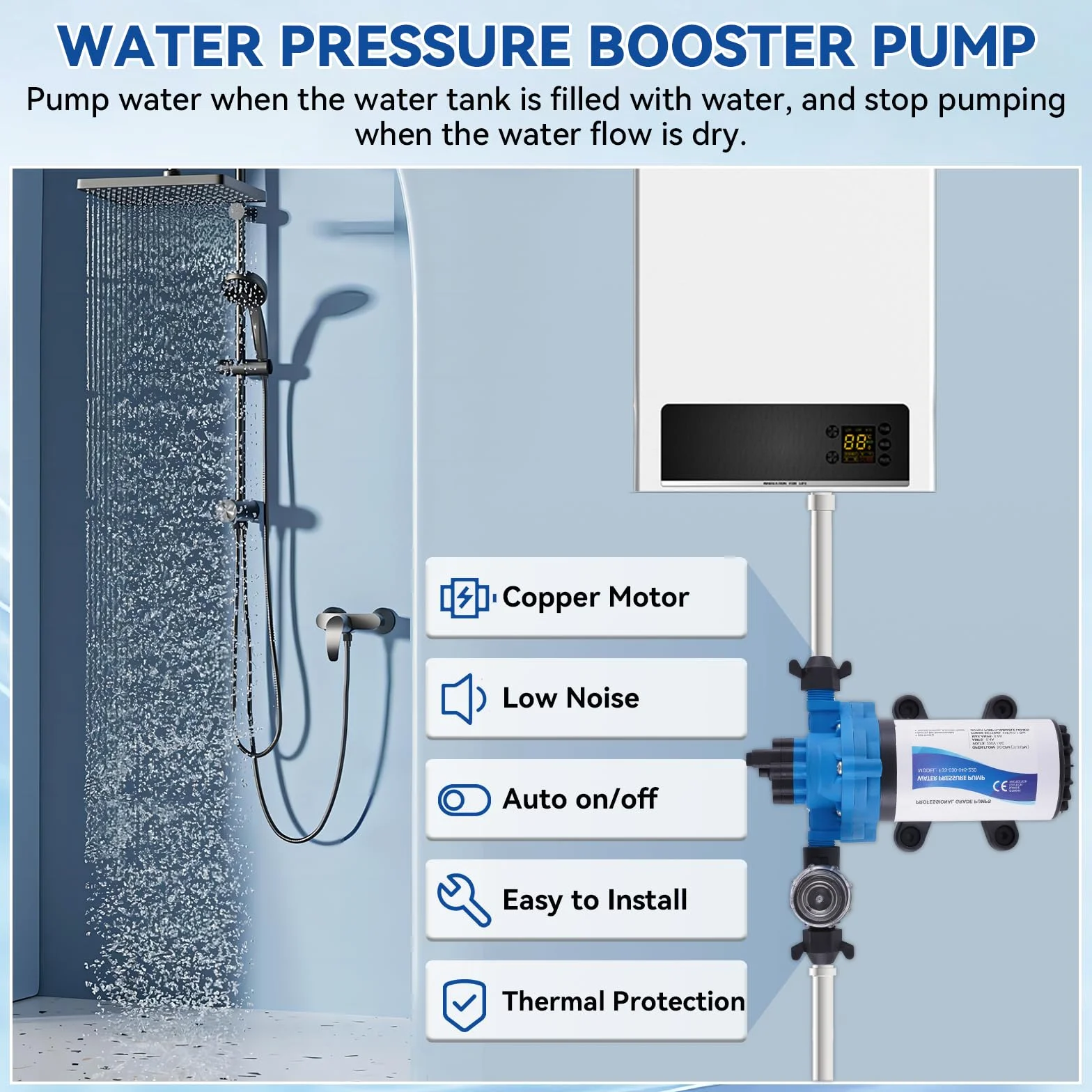 YUCHENGTECH Bomba de Membrana Autocebante 220V AC Bomba de Agua a Presión, 88W, 11.3 Lpm/min, 45 Psi/3.1 Bar Bomba de Agua Automática para Casa, Ducha, Jardín, RV Grifos