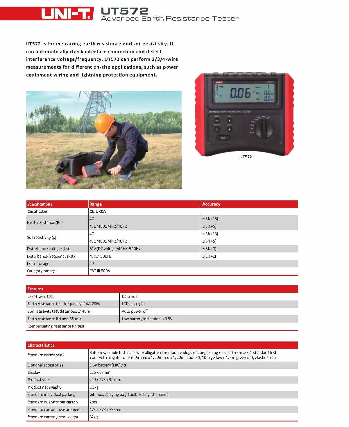 UNI-T Uni-trend Ground resistance meter UT572 Advance Earth Reistance Tester Ground Resistance Test/Soil Resistivity Test Data Storage LCD Backlight