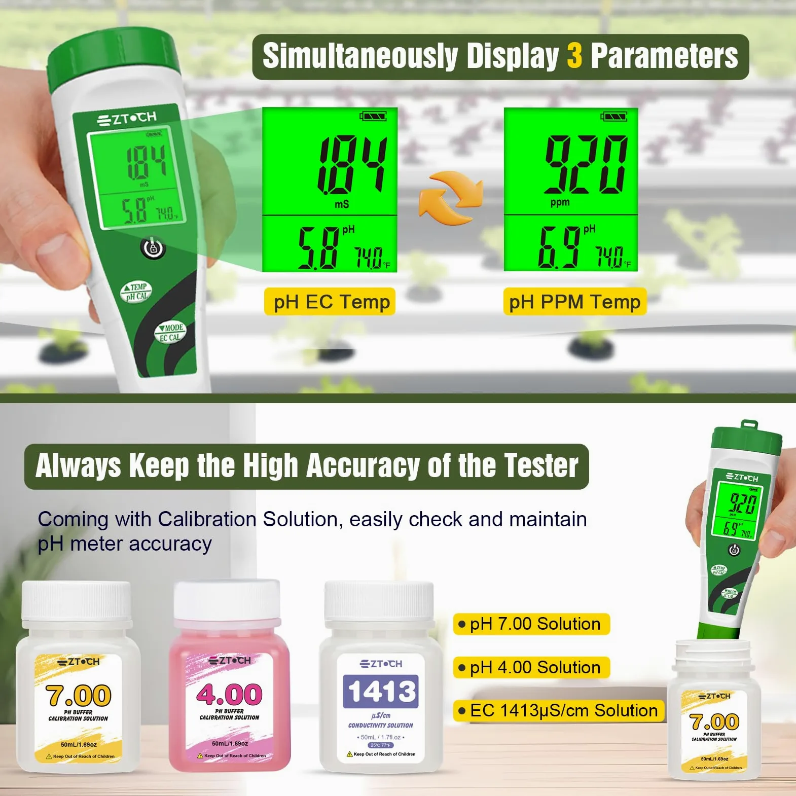 Medidor hidropónico de pH EC PPPM, medidor de pH TDS con visualización simultánea para solución de nutrientes de depósito, medidor de pH EC para configuración de sistema DWC hidropónico de agua