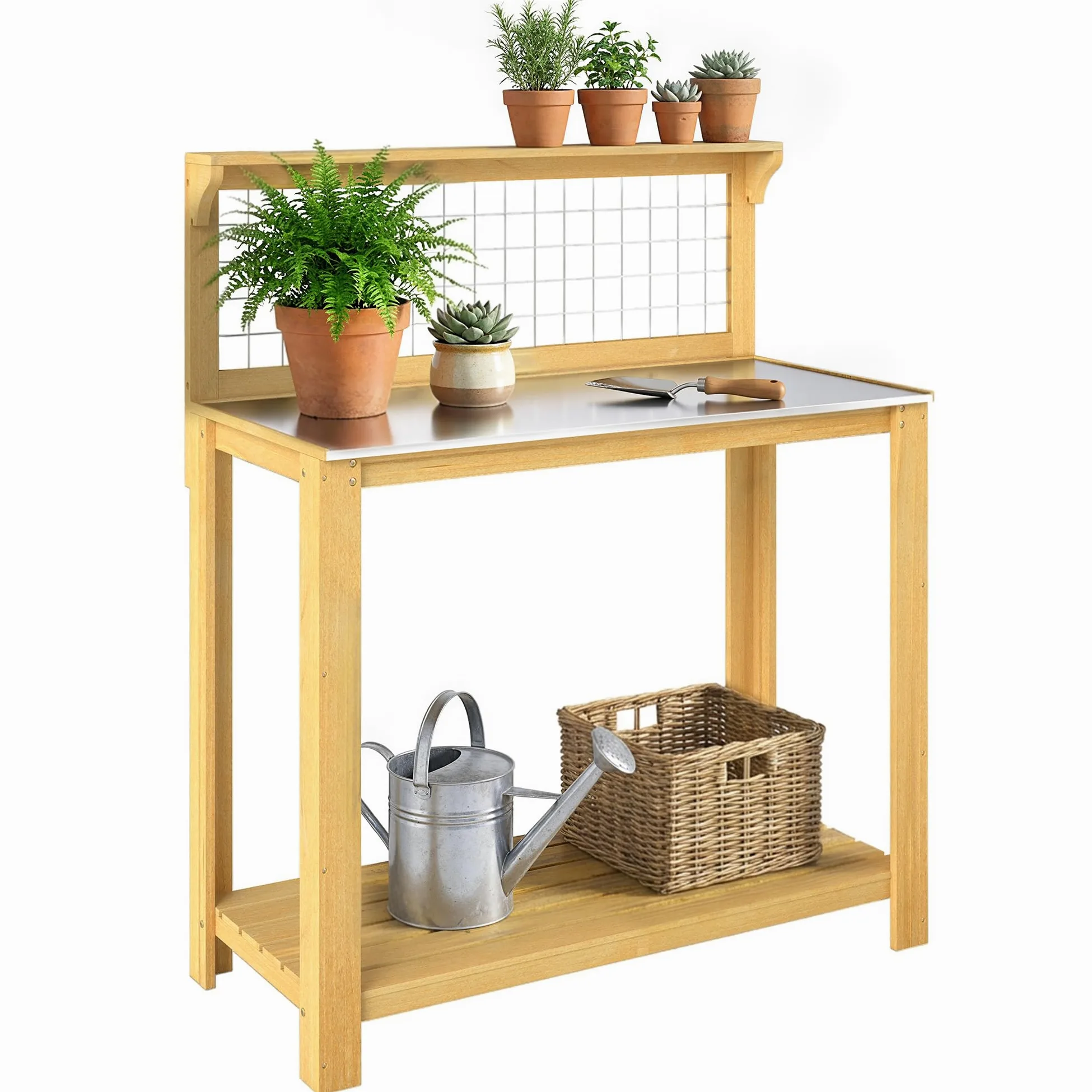 Outsunny Mesa Trabajo Madera macetas 100x48x119cm Amarillo | Superficie aluminio, Banco jardín exterior, Diseño rejilla, 2 estantes, bricolaje, Estación plantación, patio, jardín