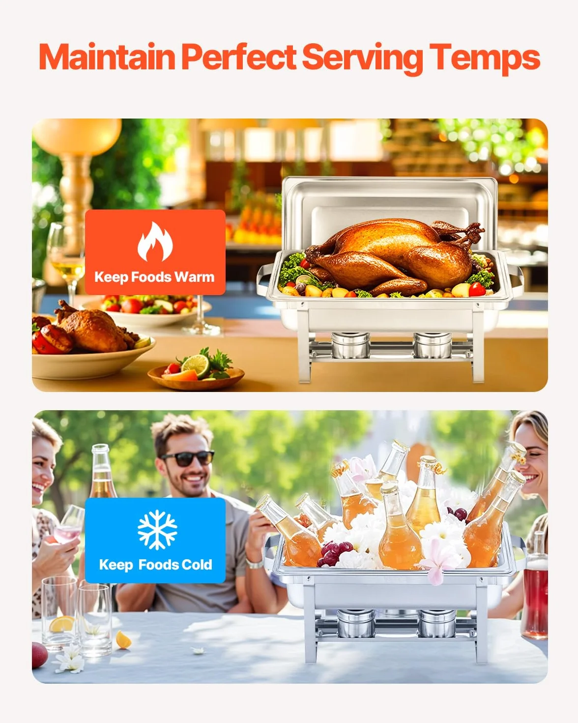 VEVOR Calentador de Alimentos para Bufé(7,5 L), con 2 Sartenes de Tamaño Completo, Dispensador de Calor Rectangular para Catering con Tapa y Soporte para Combustible, para Bodas, Plata, 2 uds