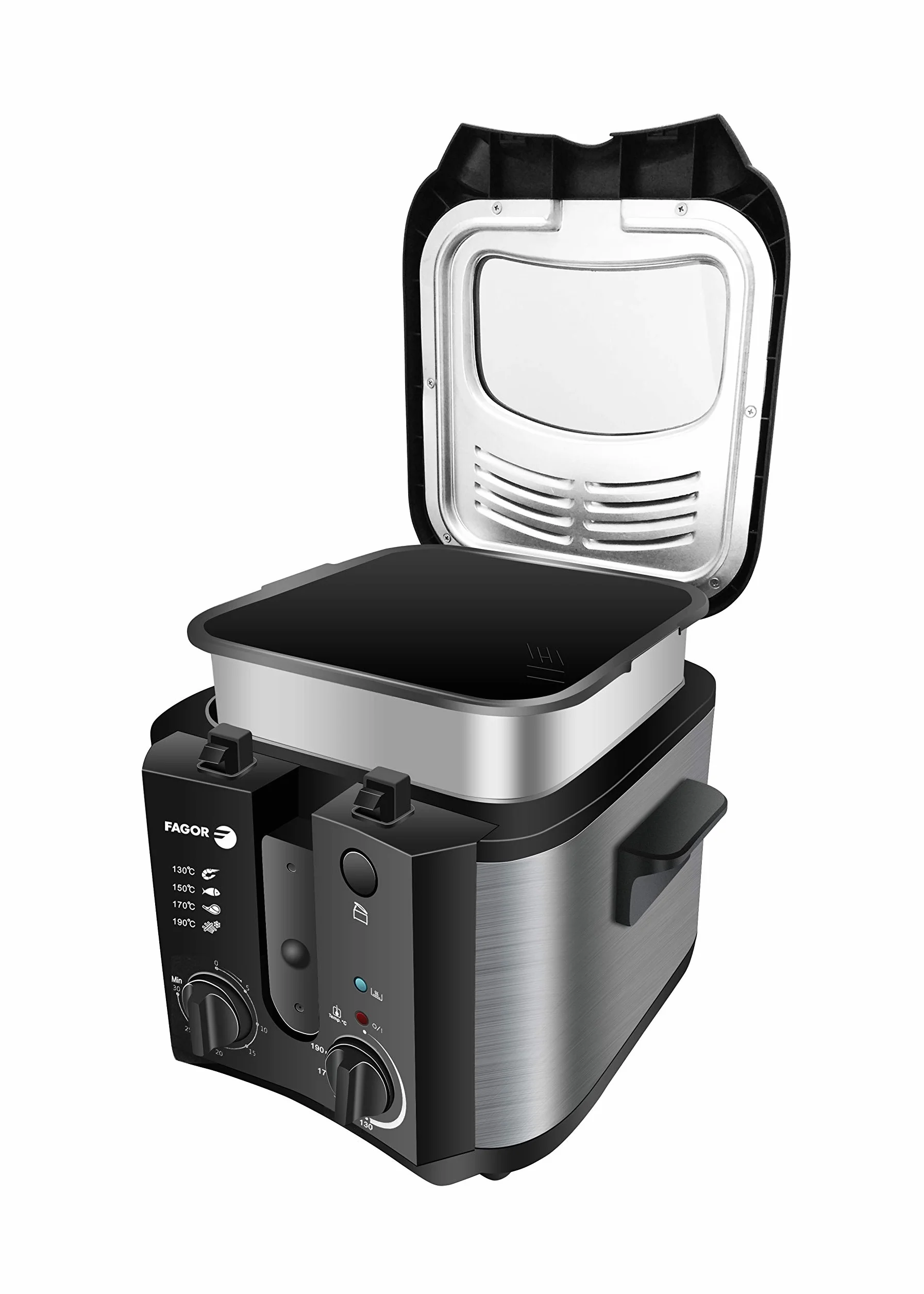 "Fagor Freidora Elétrica Compacta Cubeta Desmontable 2.5 litros, 1Kg Patatas, Regulador Temperatura, Temporizador, filtro Carbón Antiolor, 1600W, Negro"