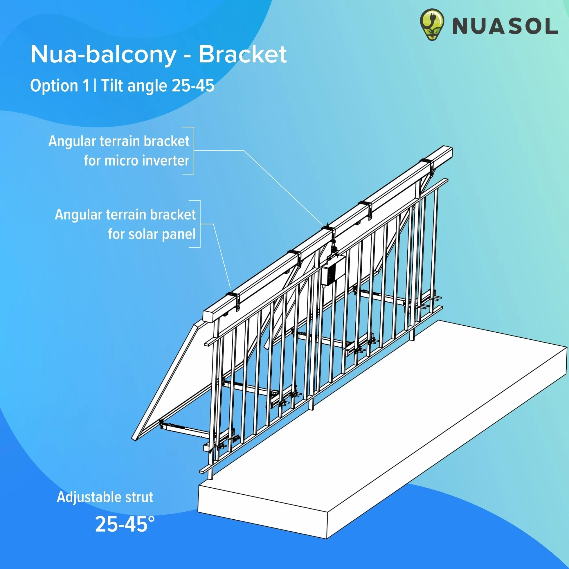 Soporte para planta de balcones, fijación para 2 módulos solares y un inversor fotovoltaico | rectangular | set | ángulo de inclinación 0° y 25-45° | ancho de barandilla hasta 80 x 80 mm,