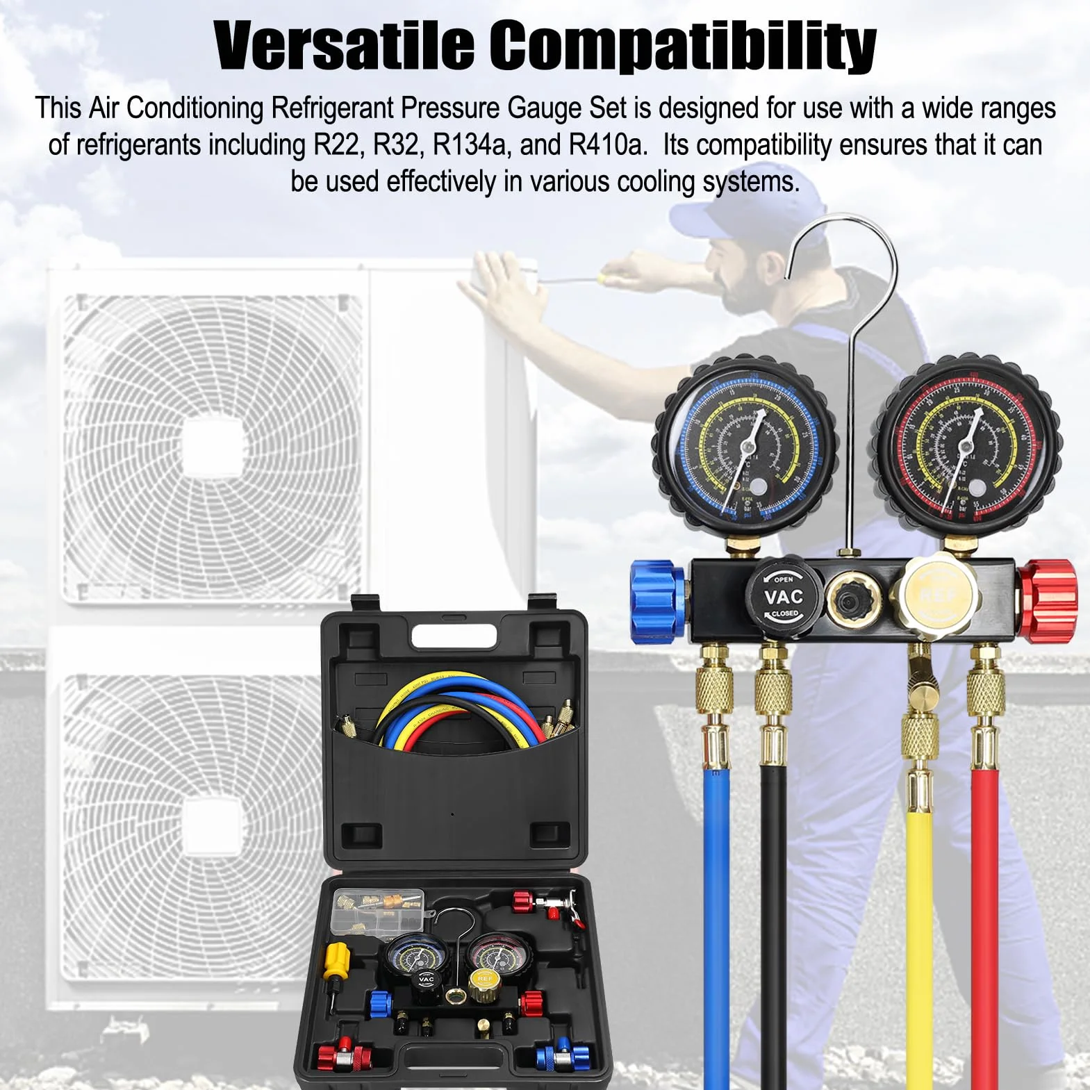 Refrigerante Manifold Gauge Set, Weytoll Juego de Manómetros para Aire Acondicionado, Adaptadores de Acoplamiento Rápido de Latón para Refrigerante R22/R134a/R410a