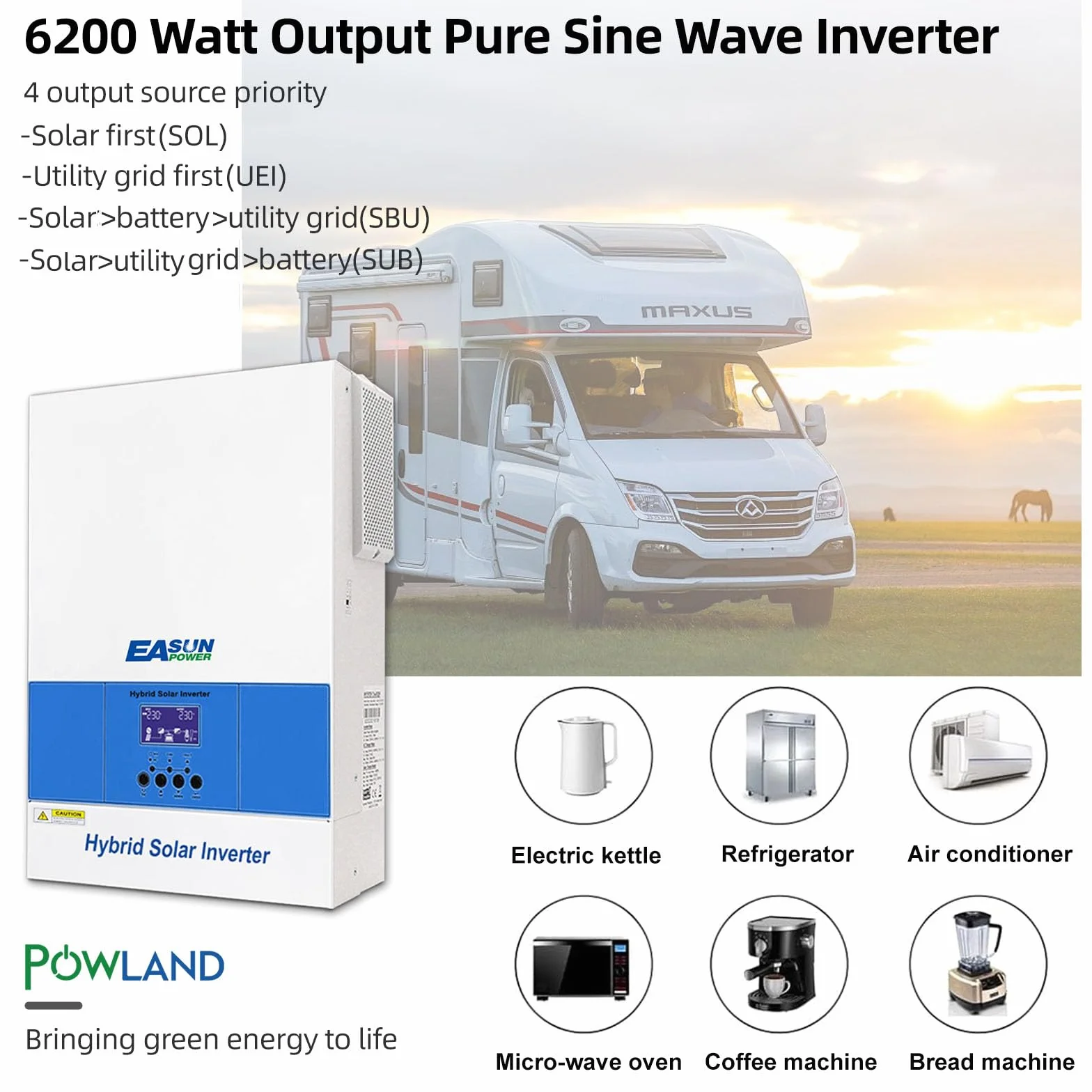 POWLAND Inversor Híbrido de 6200W 48V, Inversor Solar Híbrido 230V AC de Onda sinusoidal Pura Off-Grid, PV 60-500VDC, para batería AGM Gel Litio, con módulo WiFi (SMG II 6,2KW)
